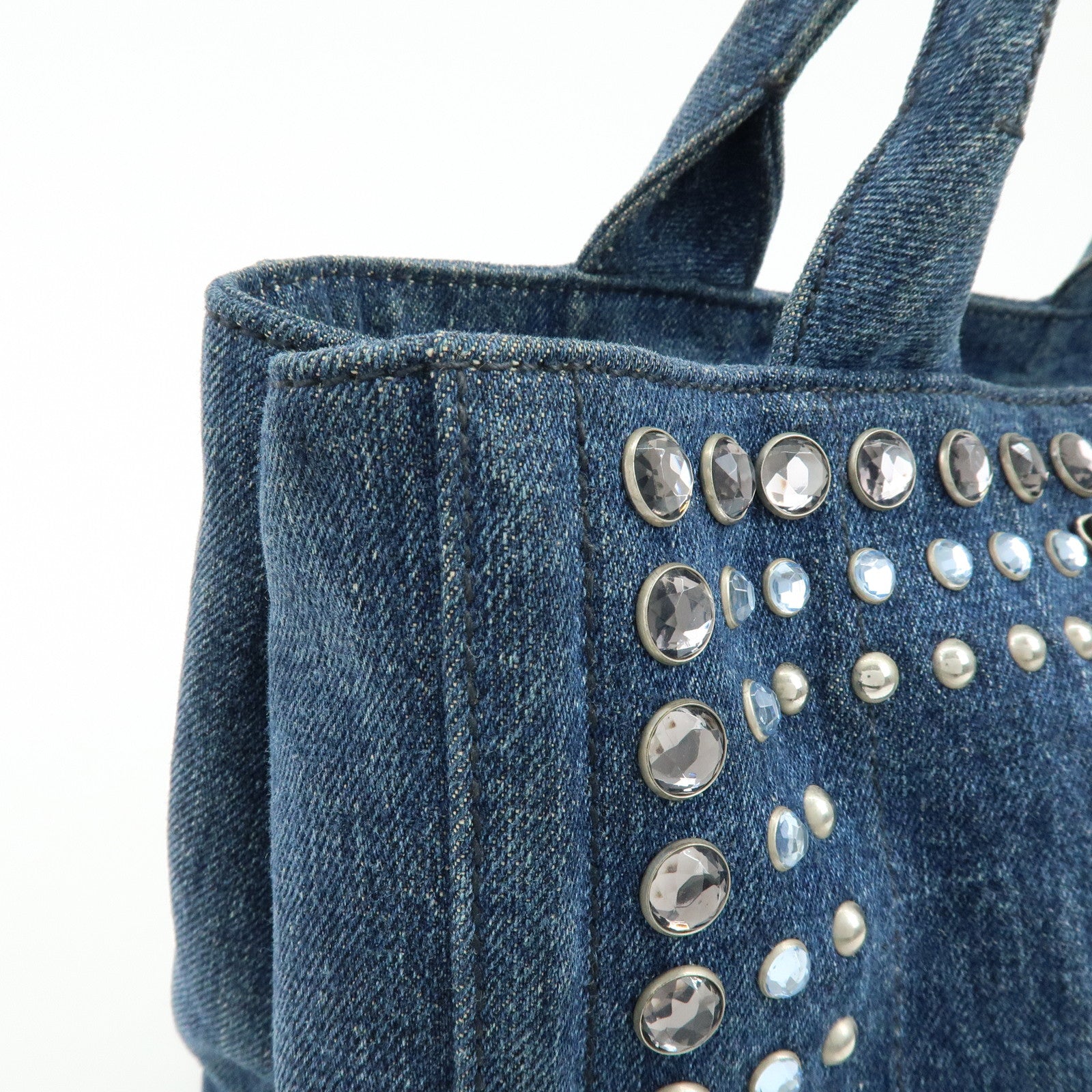 PRADA Canapa Mini Triangle Logo Denim 2Way Tote Shoulder Bag B2439O