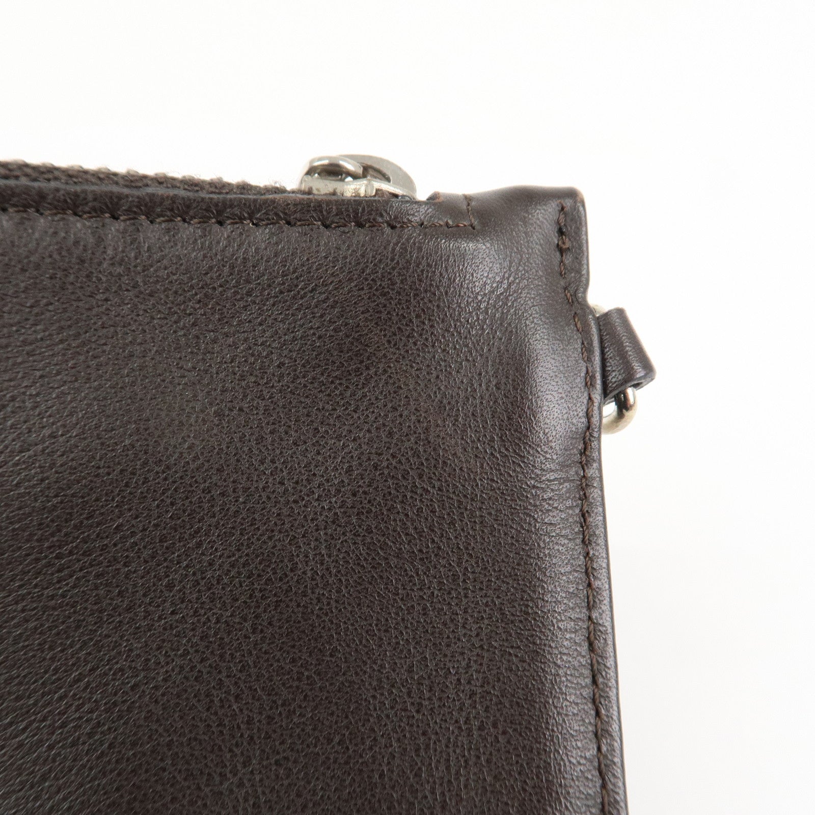 CHANEL Lamb Skin COCO Mark Pouch Silver Hardware Brown A25183 Used