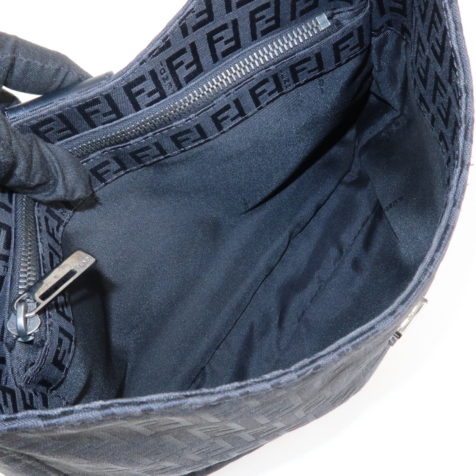 FENDI Zucchino Leather Canvas Shoulder Bag Black Used