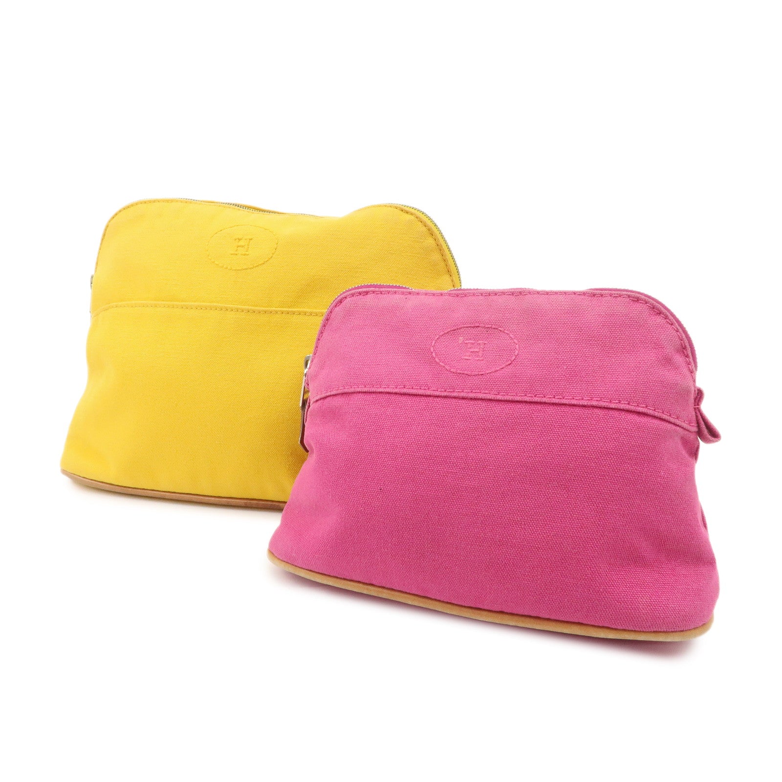 HERMES Set of 2 Leather Canvas Pouch Cosmetic Pouch Pink Yellow Used
