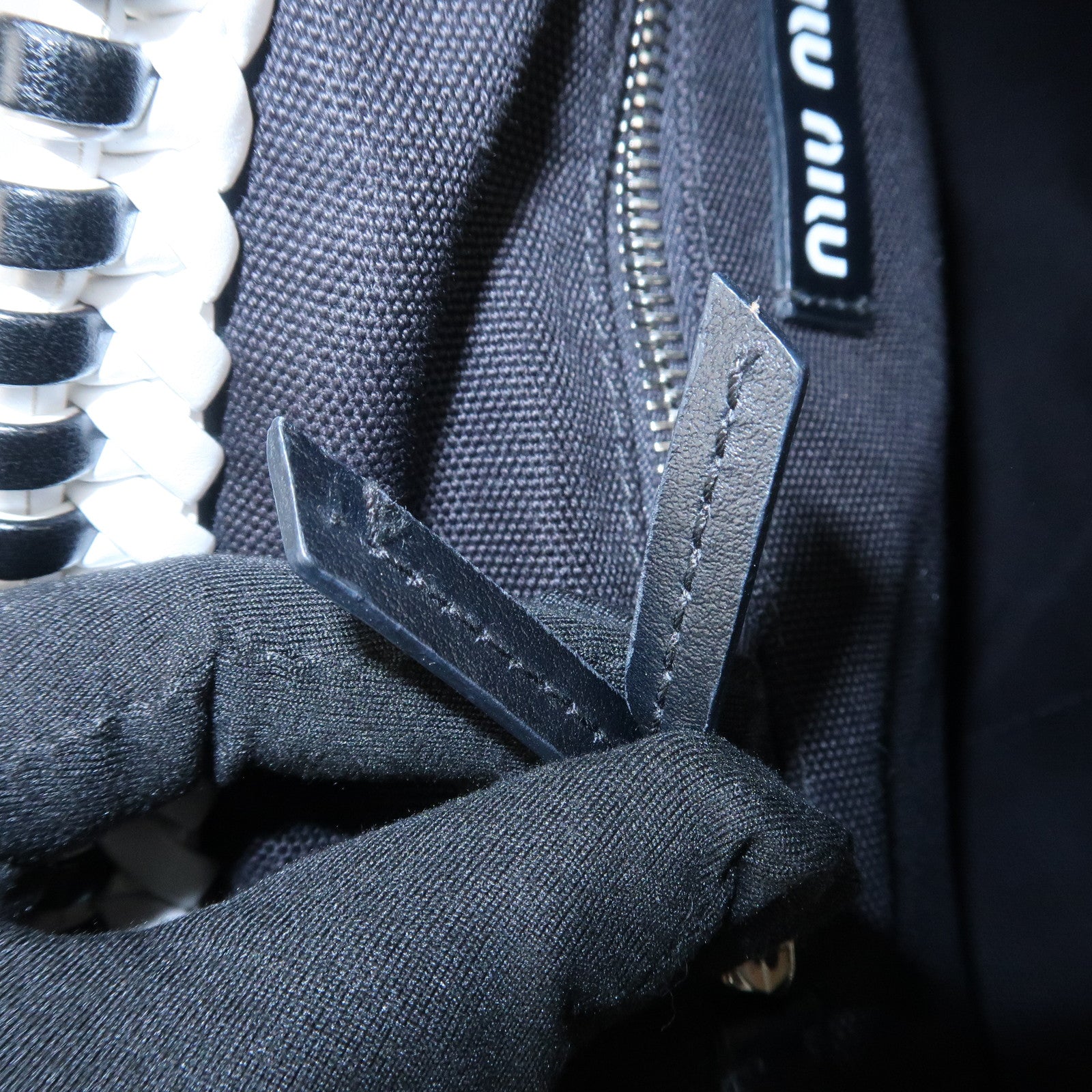 MIU MIU Leather Braid Tote Bag Shoulder Bag Black White 5BG193 Used