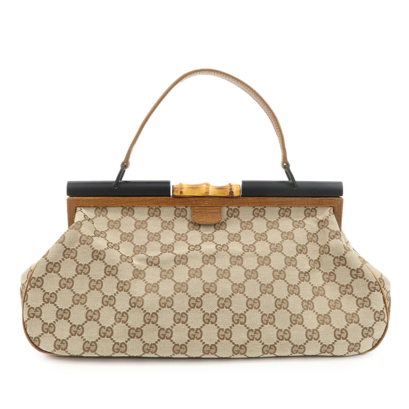 GUCCI Bamboo GG Canvas Leather Hand Bag Beige Brown 112366 Used