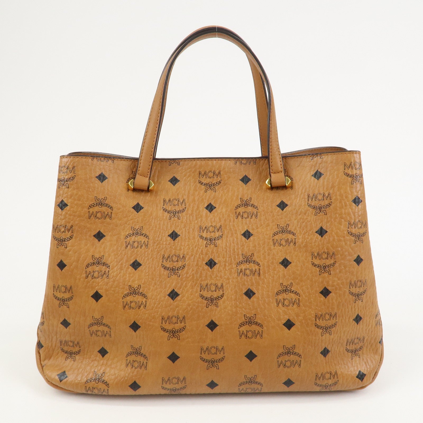 MCM Visetos PVC Leather 2Way Bag Hand Shoulder Bag Studs Cognac