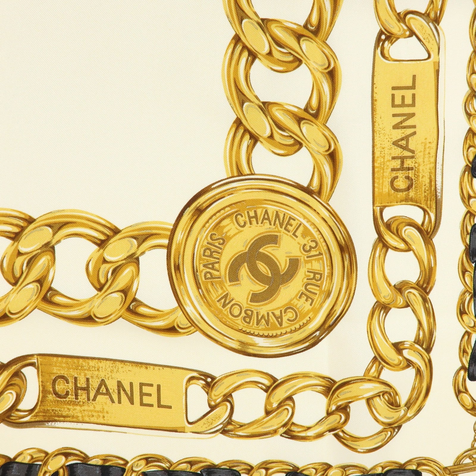 CHANEL Silk 100% Scarf Chain Medal Motif Beige Gold