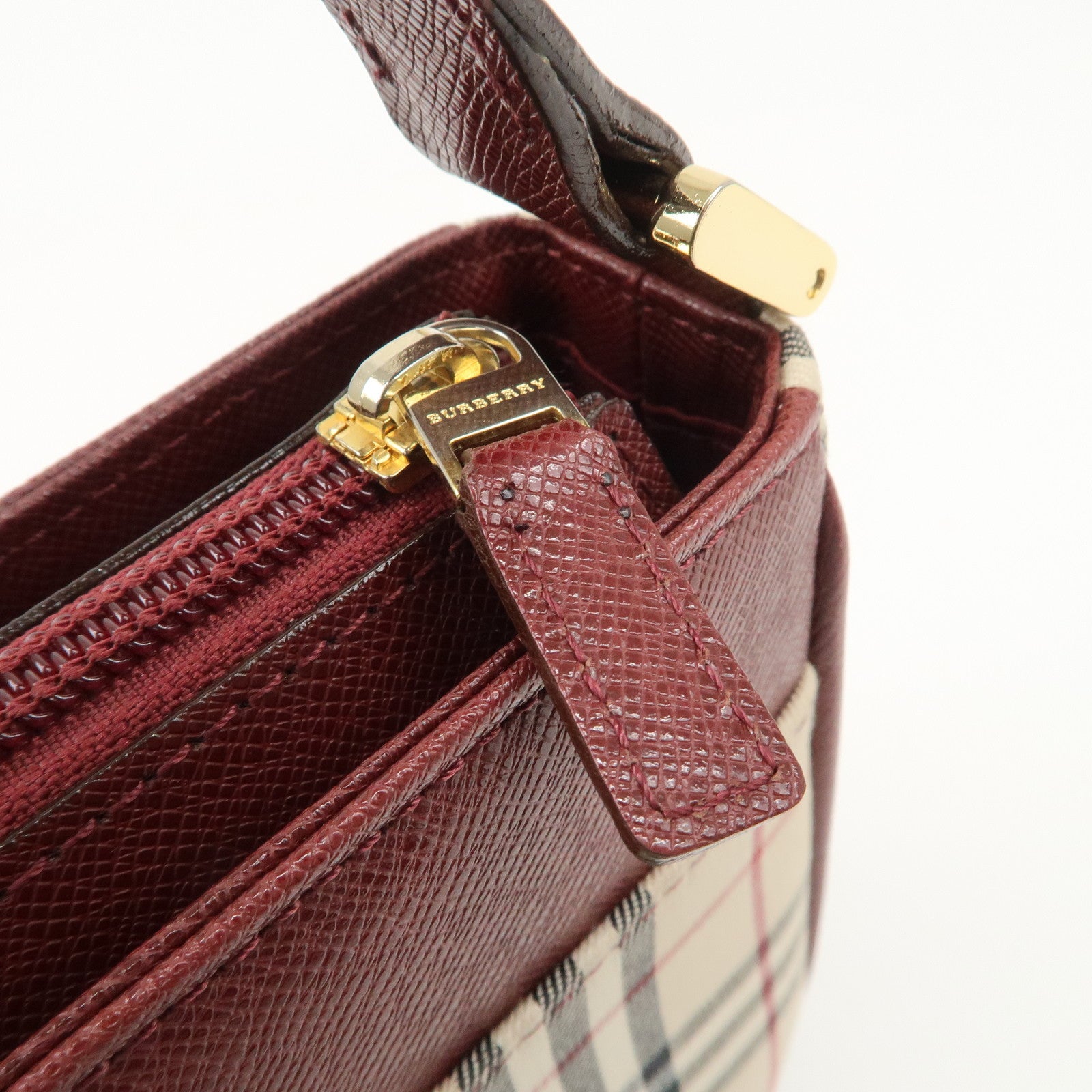 BURBERRY Leather Canvas Shoulder Bag Hand Bag Nova Plaid Bordeaux Used