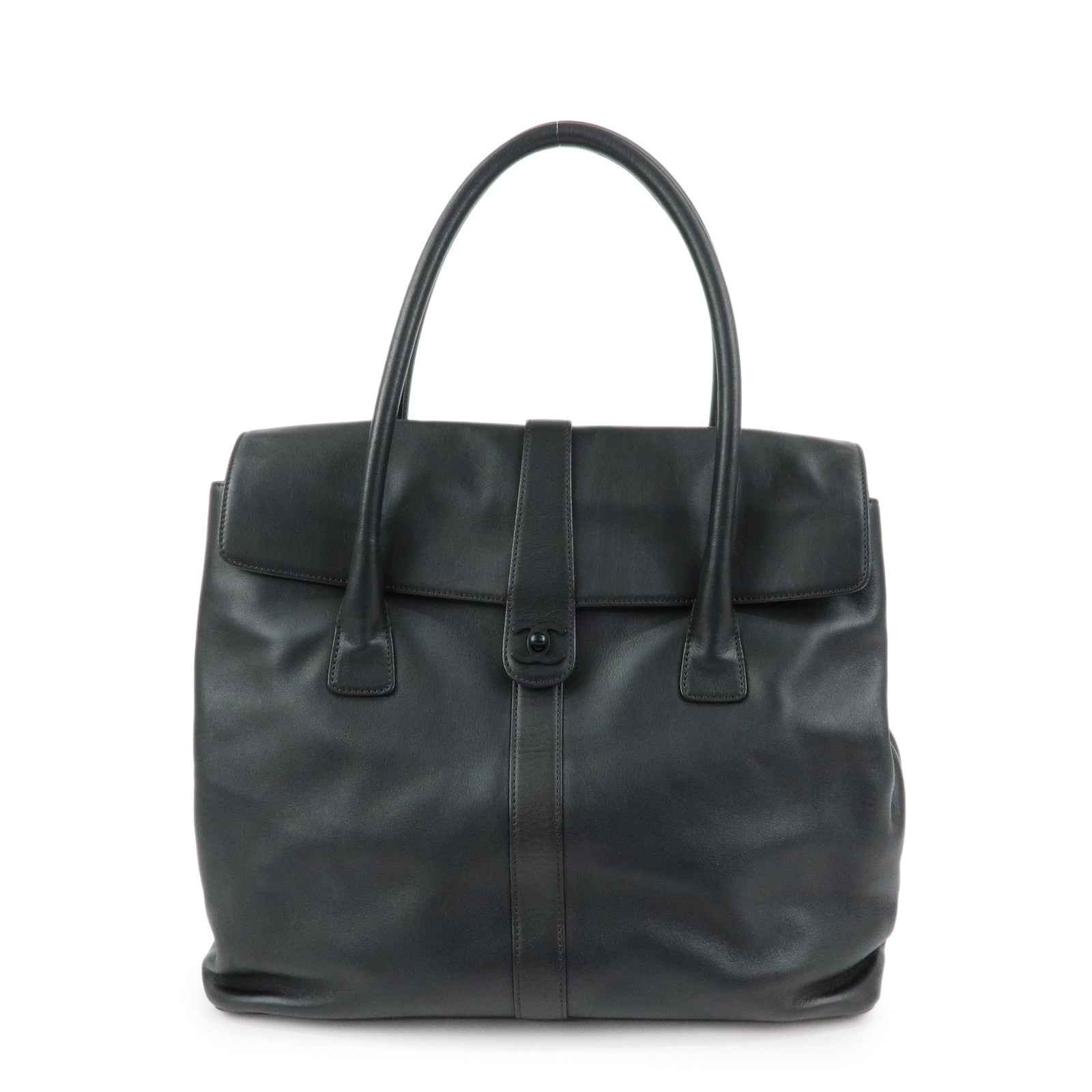 CHANEL COCO Mark Calf Leather Boston Bag Hand Bag Black