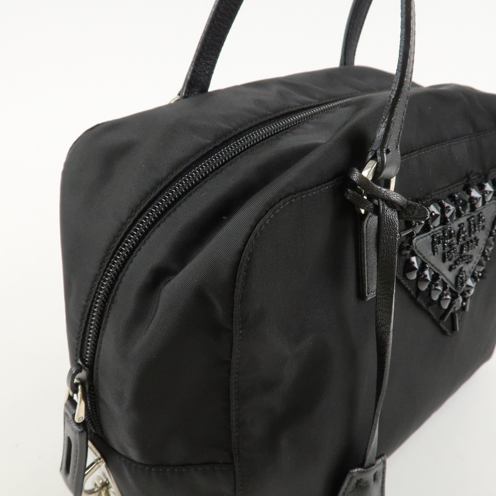 PRADA Evening Triangle Logo Leather Nylon Bijou Boston Bag Shoulder Bag Used