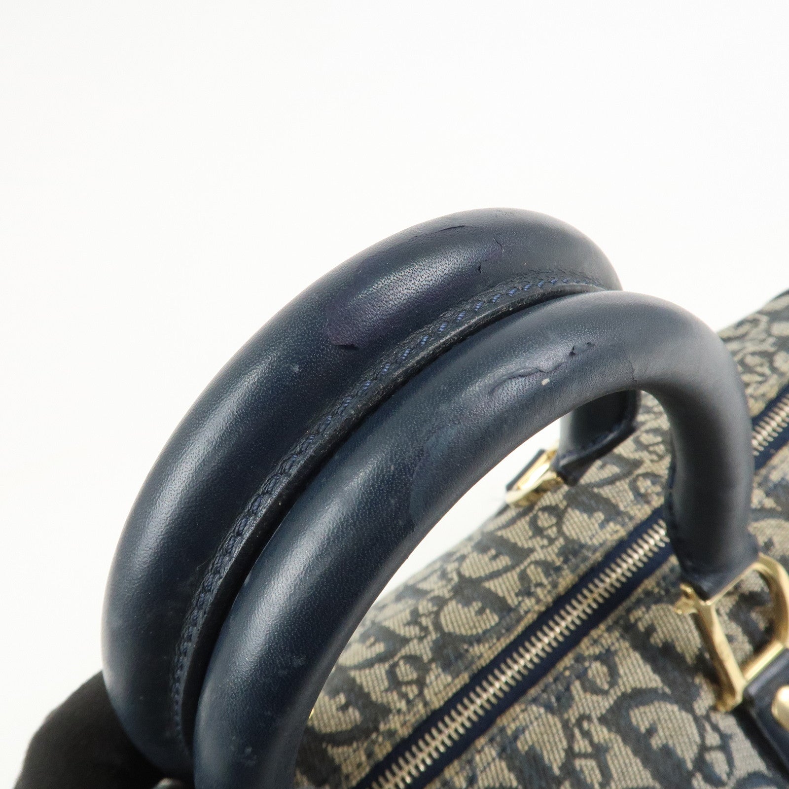 Christian Dior Trotter Jacquard Canvas Leather Boston Hand Bag Navy