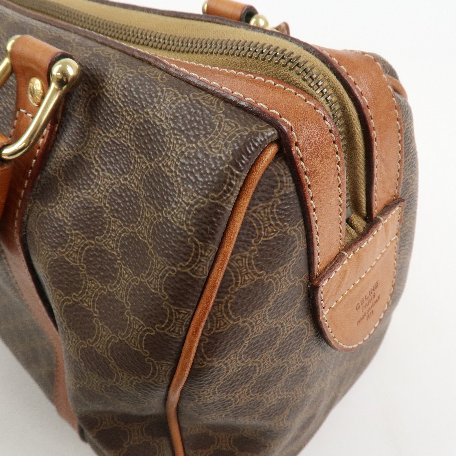 CELINE Macadam PVC Coating Canvas Leather Boston Bag Brown