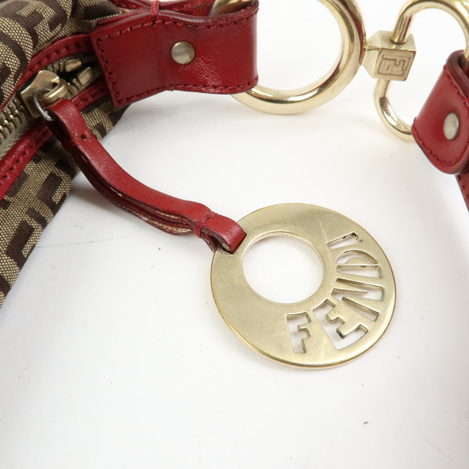 FENDI Zucca Canvas Leather Hand Bag Shoulder Bag Beige Red 8BR464