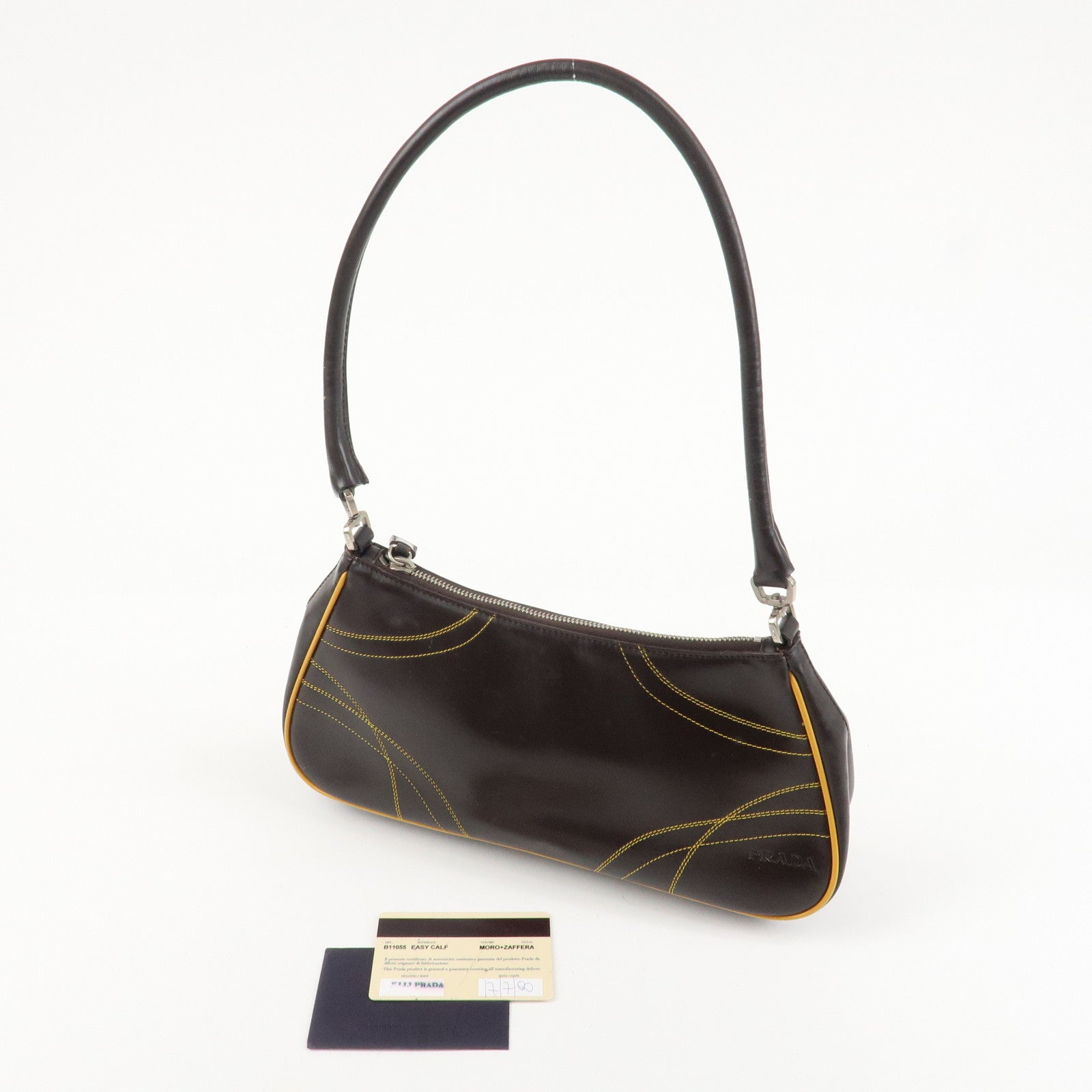 PRADA Logo Leather Shoulder Bag Hand Bag Brown Yellow B11055 Used