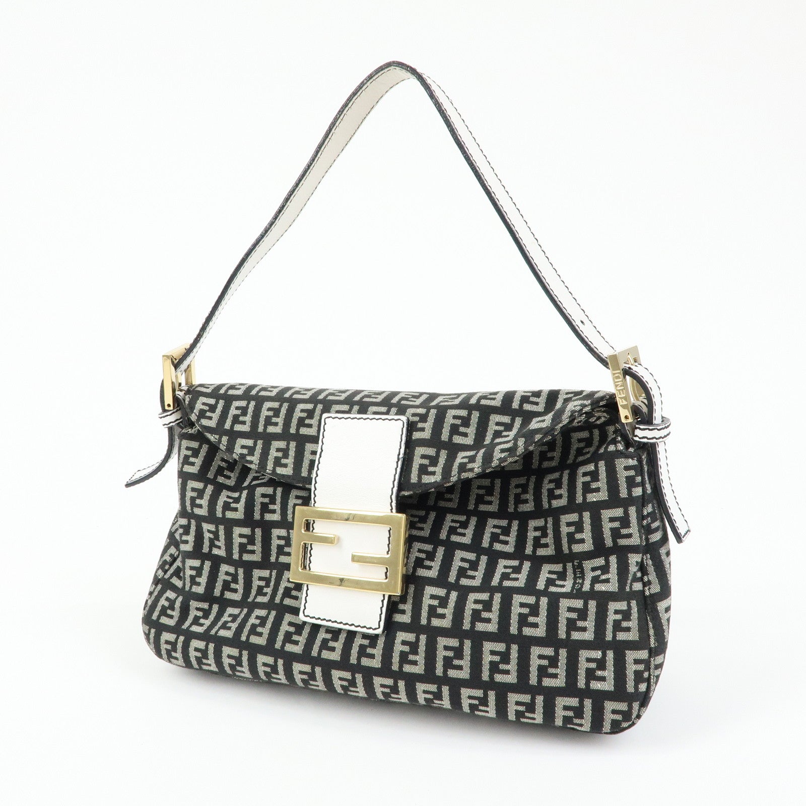 FENDI Zucchino Canvas Leather Shoulder Hand Bag Black White 8BR003