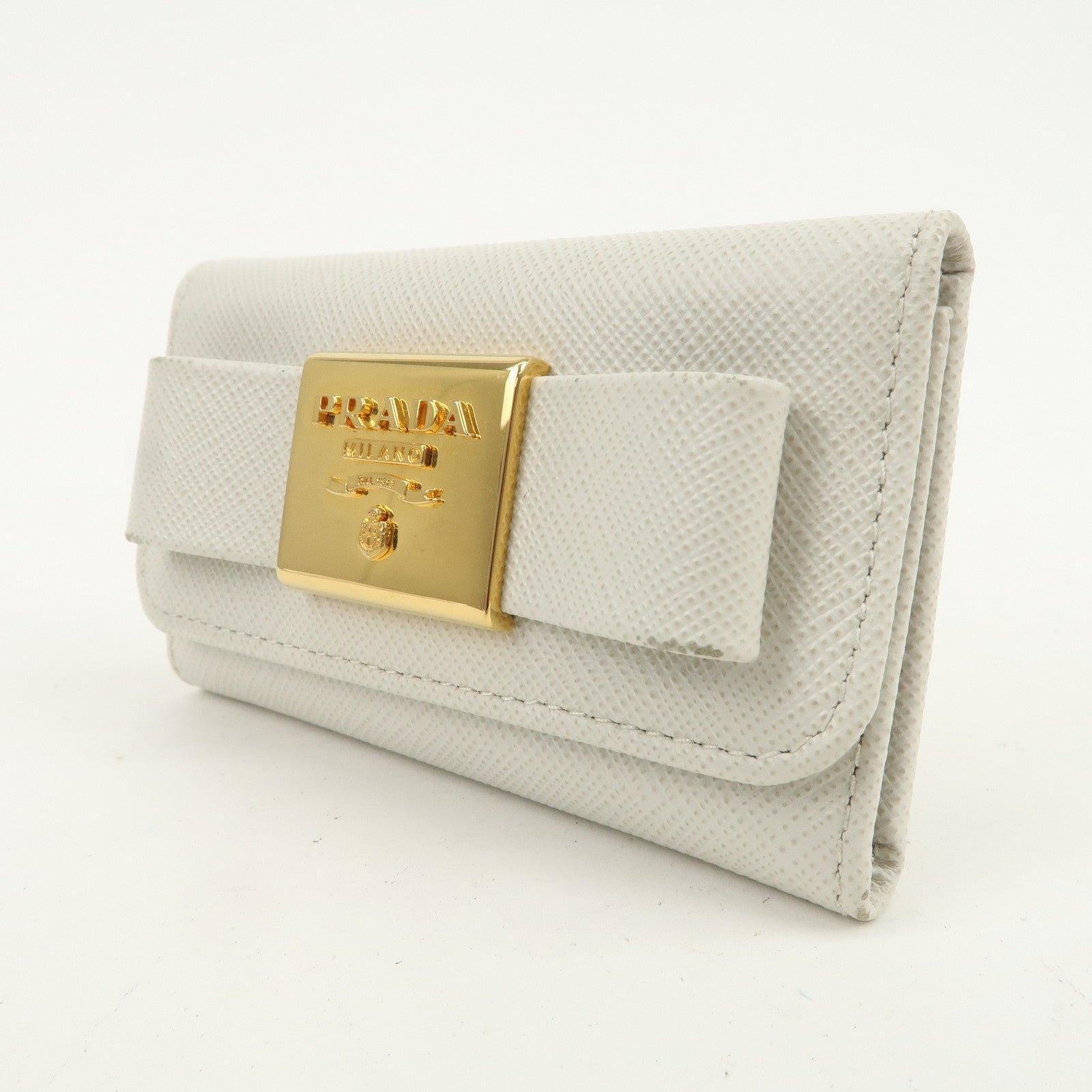 PRADA Ribbon Saffiano Leather Key Case Key Holder White