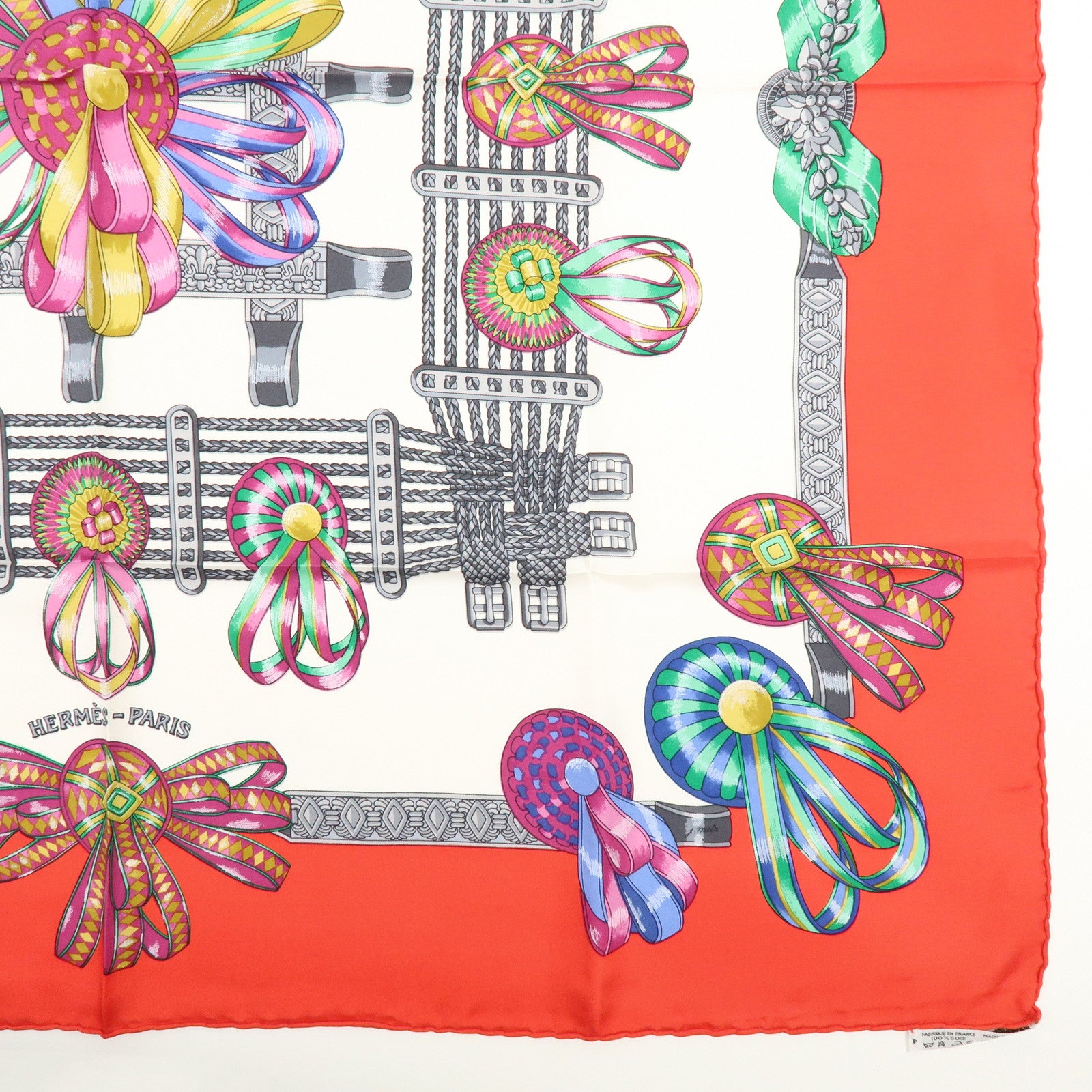 HERMES Carre 90 Silk 100% LES RUBANS DU CHEVAL Scarf White Red