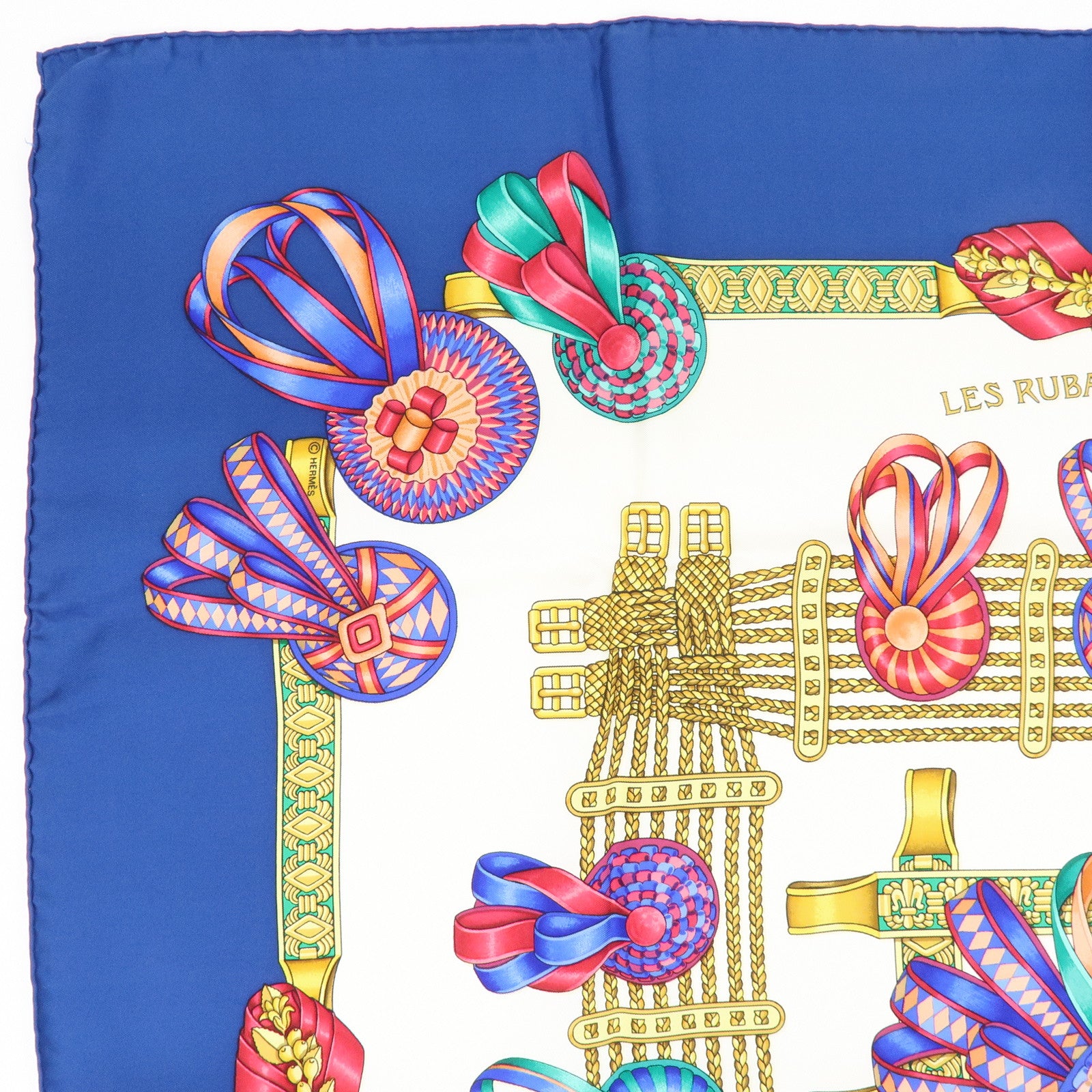 HERMES Carre 90 Silk 100% Scarf LES RUBANS DU CHEVAL Navy Gold
