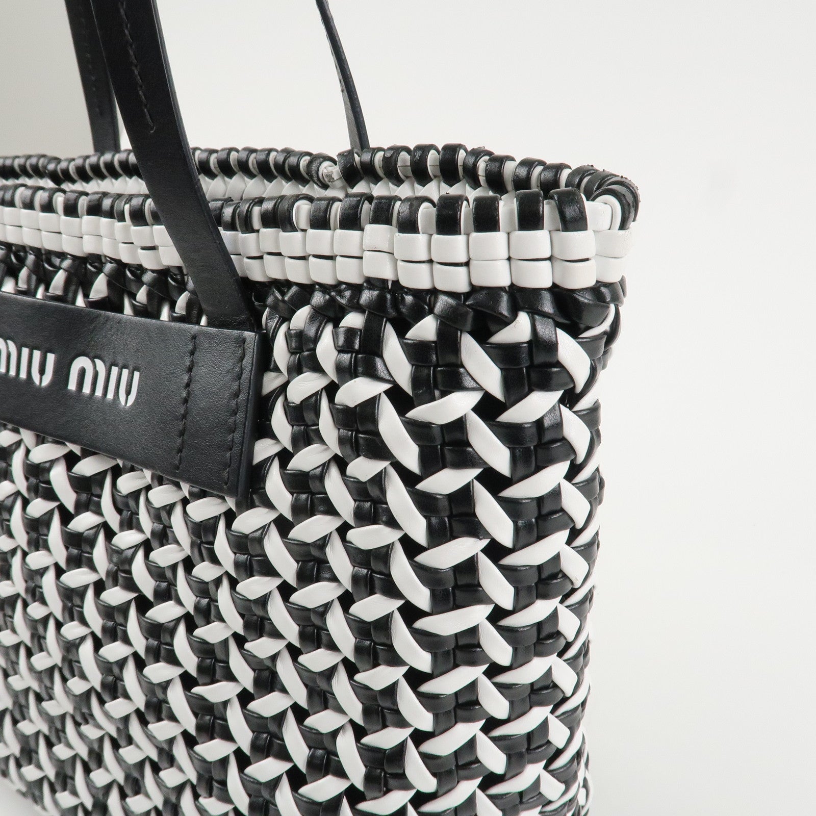 MIU MIU Leather Braid Tote Bag Shoulder Bag Black White 5BG193 Used