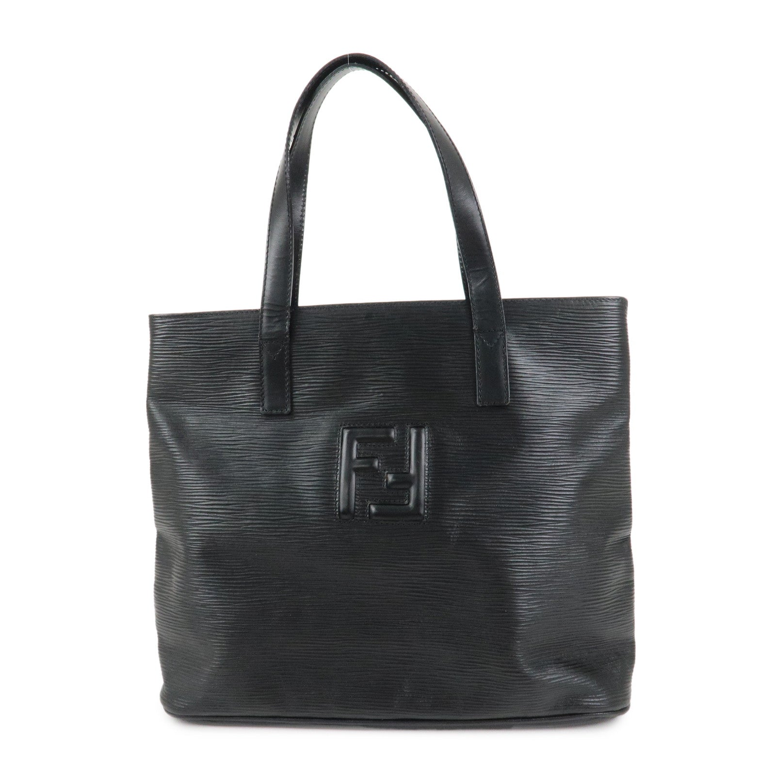 FENDI Logo Leather Tote Bag Hand Bag Shoulder Bag Black