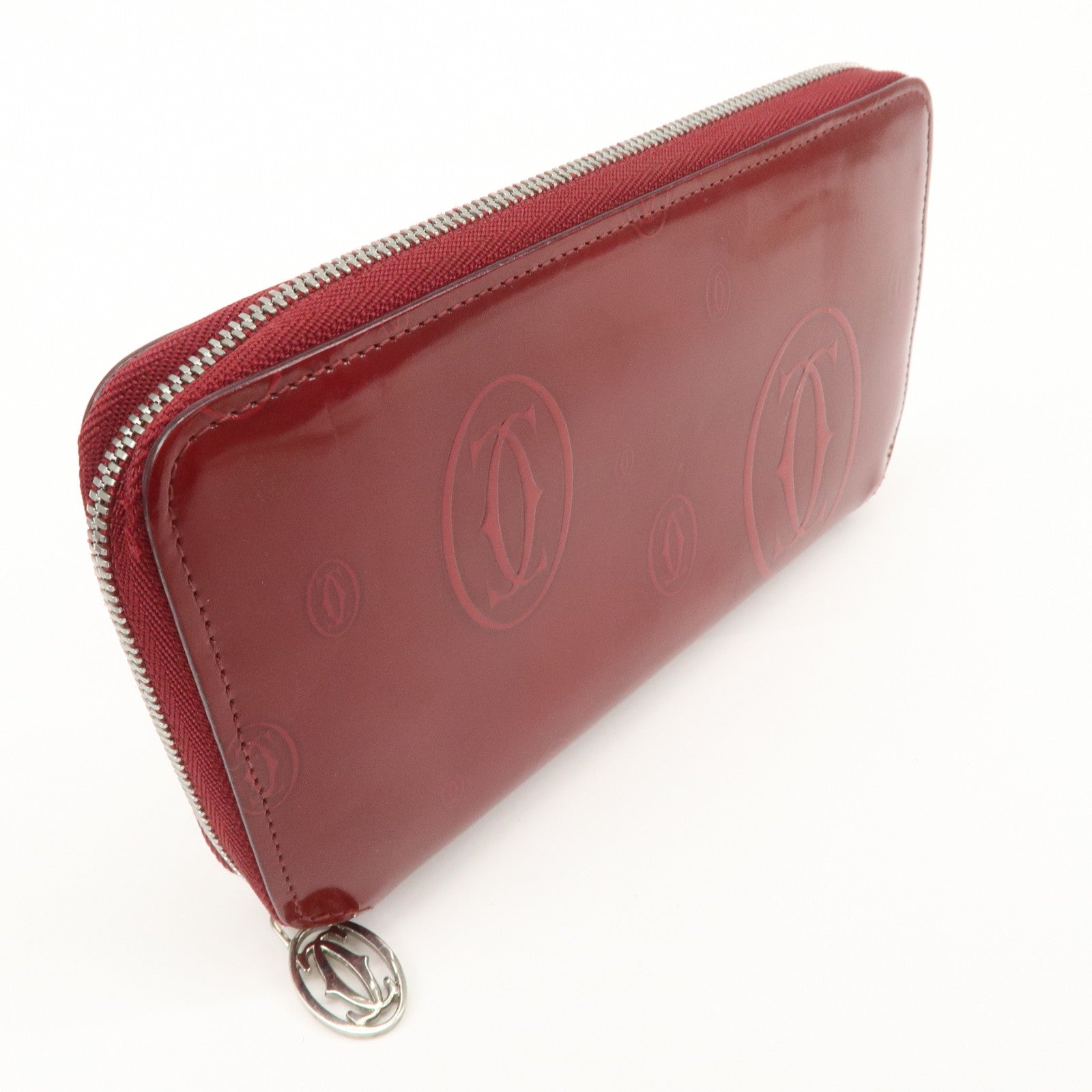 Cartier 2C Patent Leather Round Zippy Long Wallet Bordeaux Used