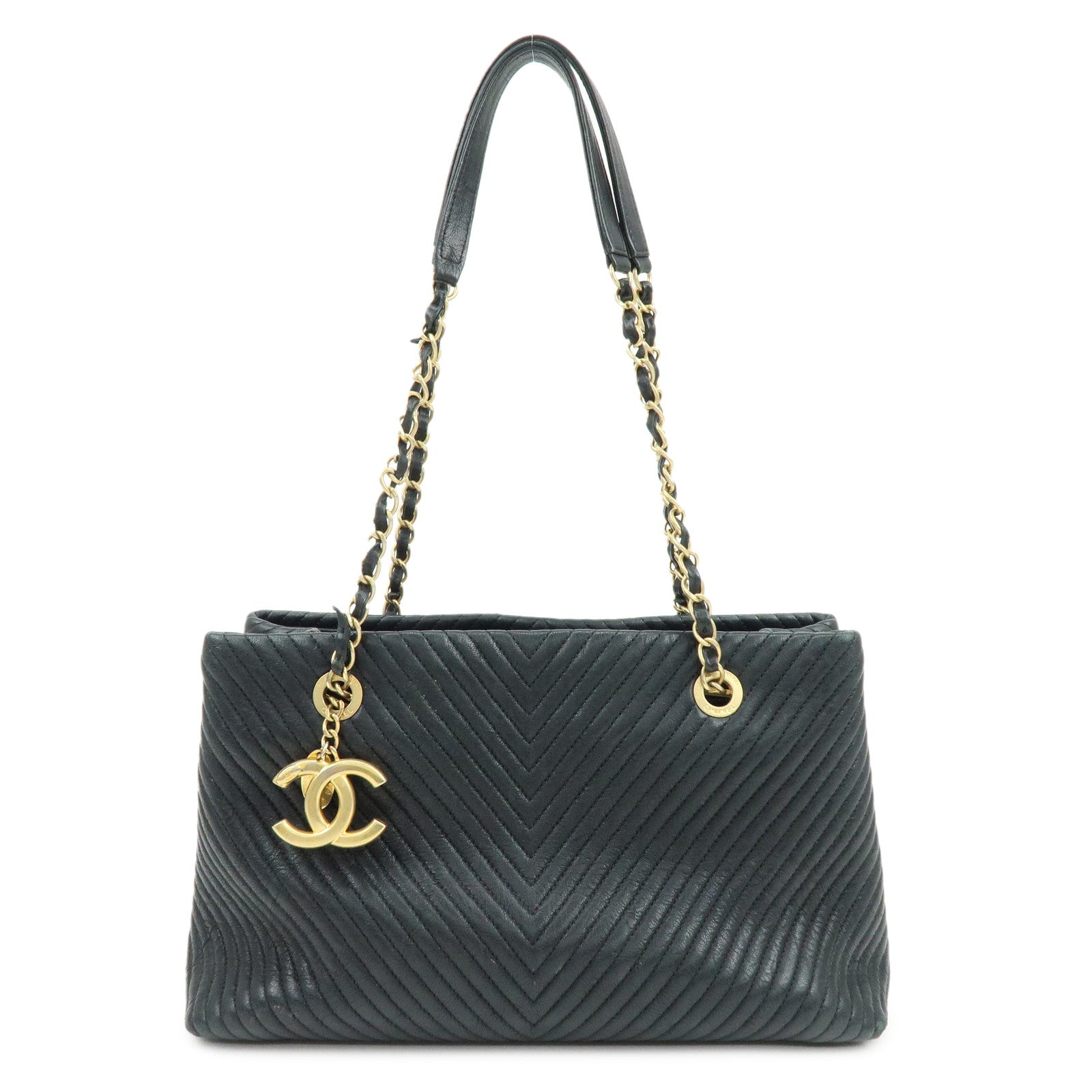 CHANEL Chevron Calf Leather Shoulder Bag Tote Bag Black