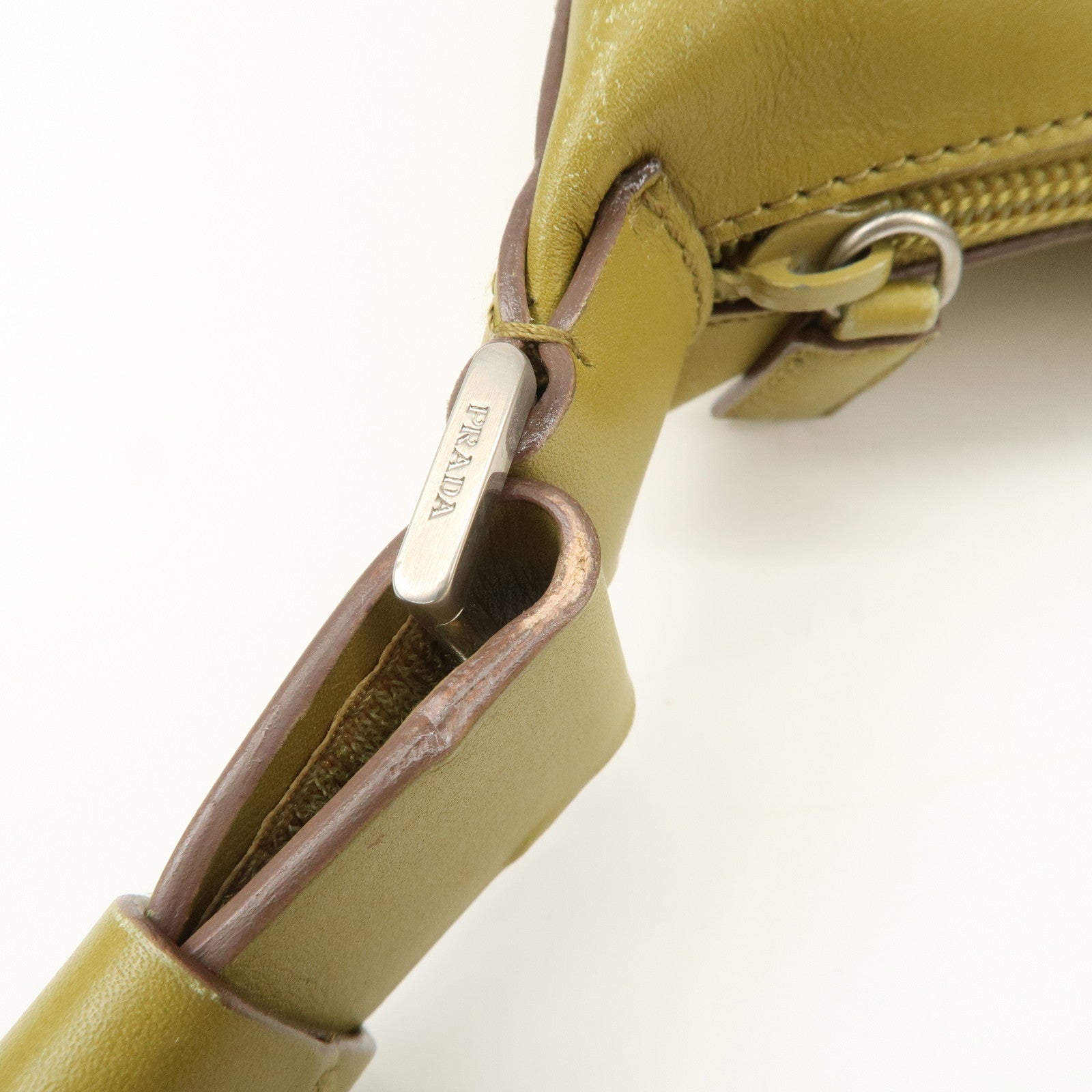 PRADA Leather Shoulder Bag Mustard Silver Hardware Used