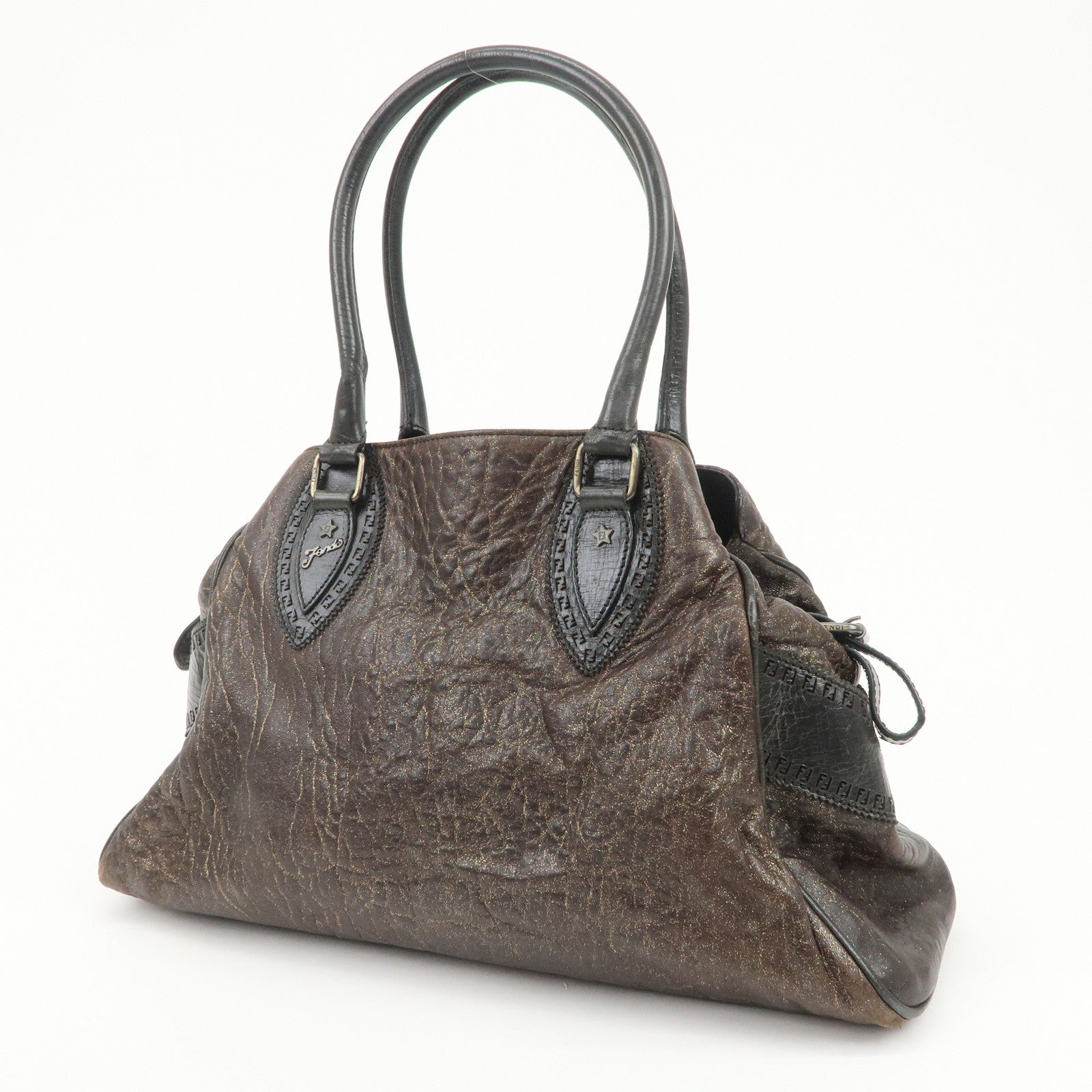 FENDI Ethnico Leather Tote Bag Shoulder Bag Hand Bag Brown 8BN162