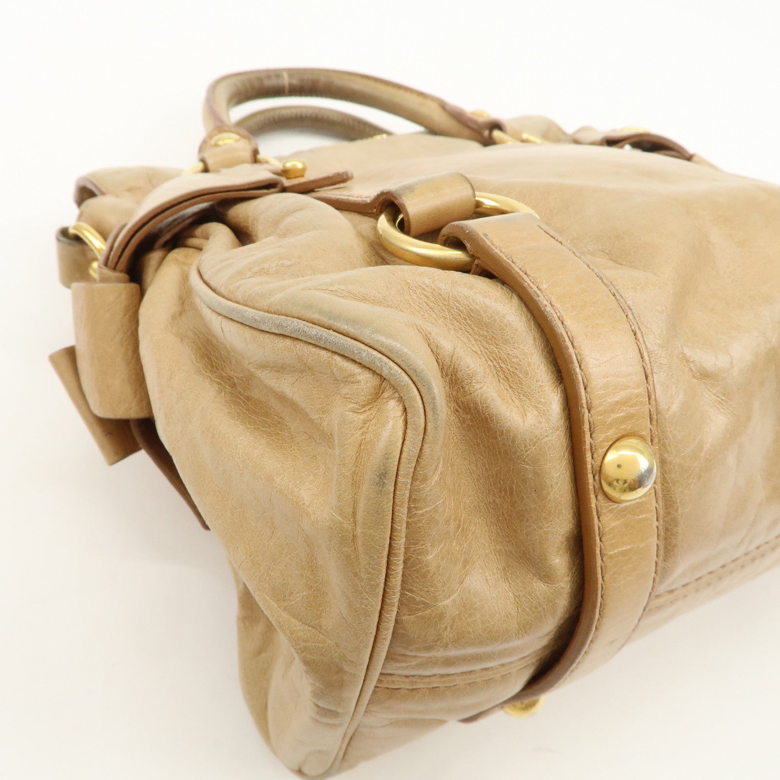 MIU MIU Logo Leather 2Way Bag Hand Bag Shoulder Bag Beige RT0438