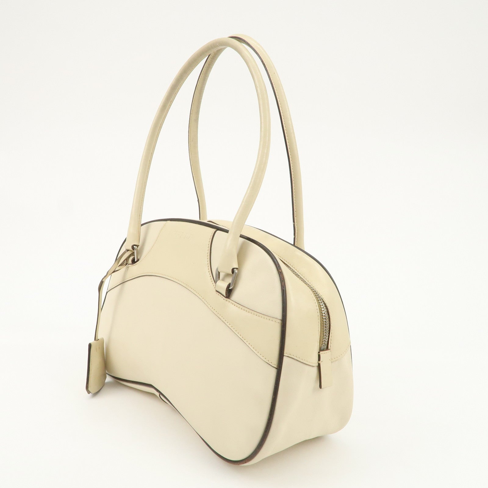 PRADA Leather Bowling Bag Boston Bag Shoulder Bag Ivory BL0049 Used