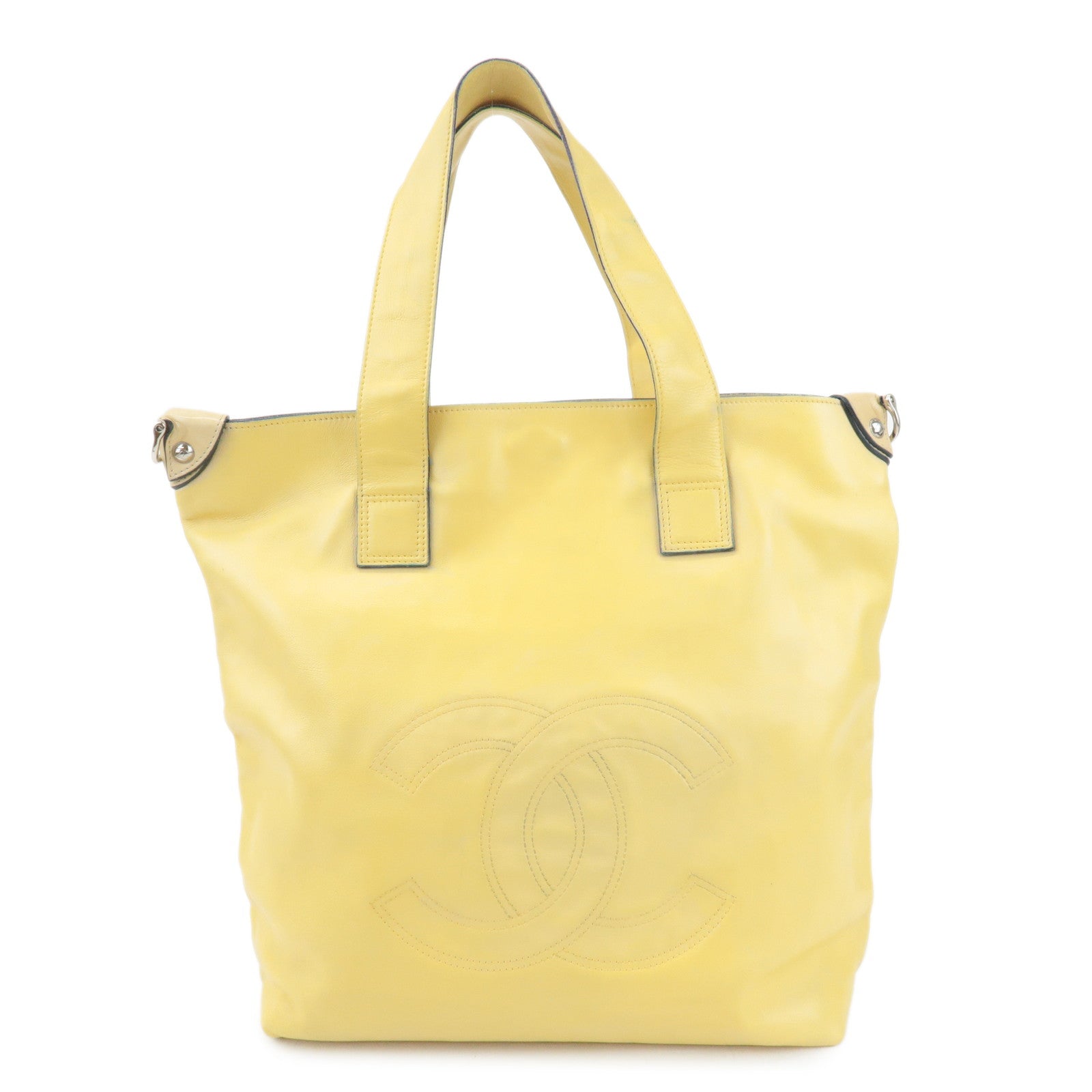 CHANEL COCO Mark Lamb Skin 2Way Bag Tote Bag Yellow Used
