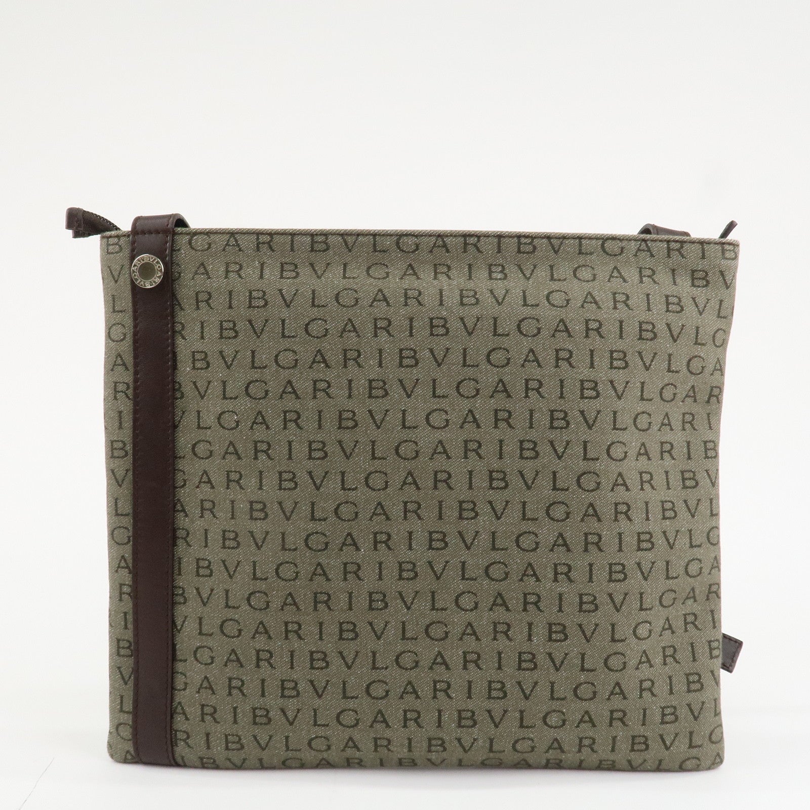 BVLGARI Logo Mania Leather Canvas Shoulder Bag Khaki Dark Brown Used