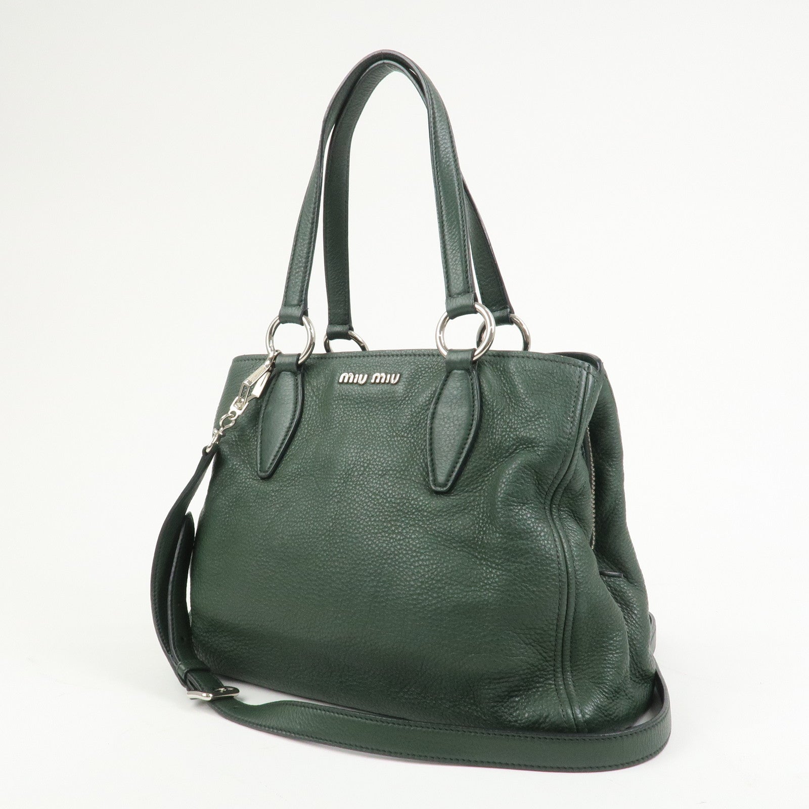 MIU MIU Logo Leather 2Way Bag Hand Bag Shoulder Bag Moss Green