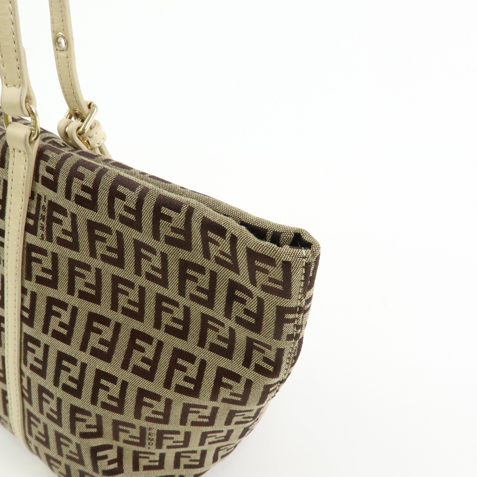 FENDI Zucchino Canvas Leather Tote Bag Hand Bag Brown Ivory 8BH214