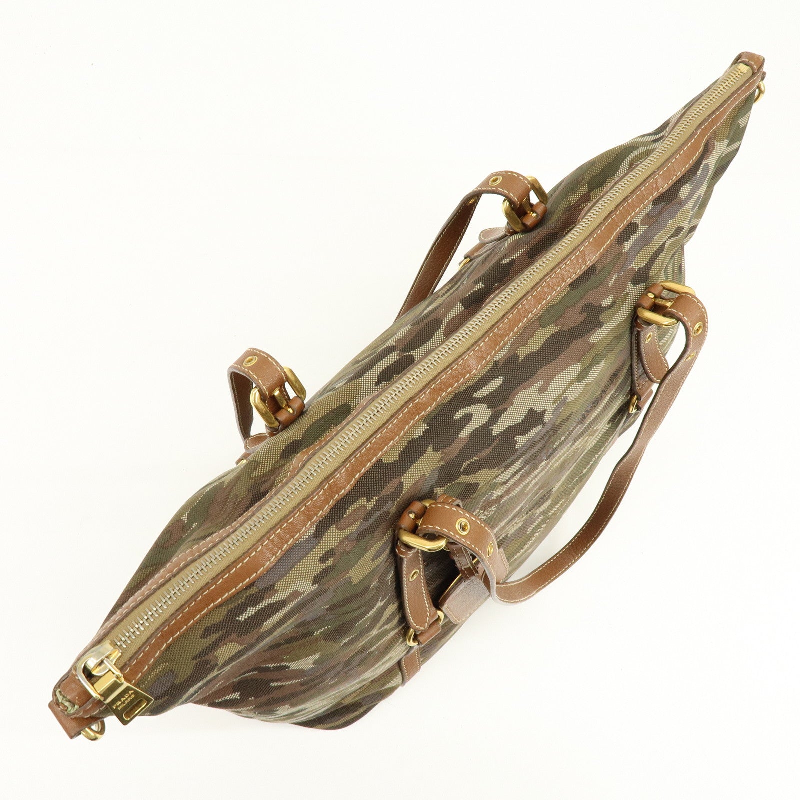 PRADA Canvas Leather Tote Bag Shoulder Bag Camouflage Brown Khaki