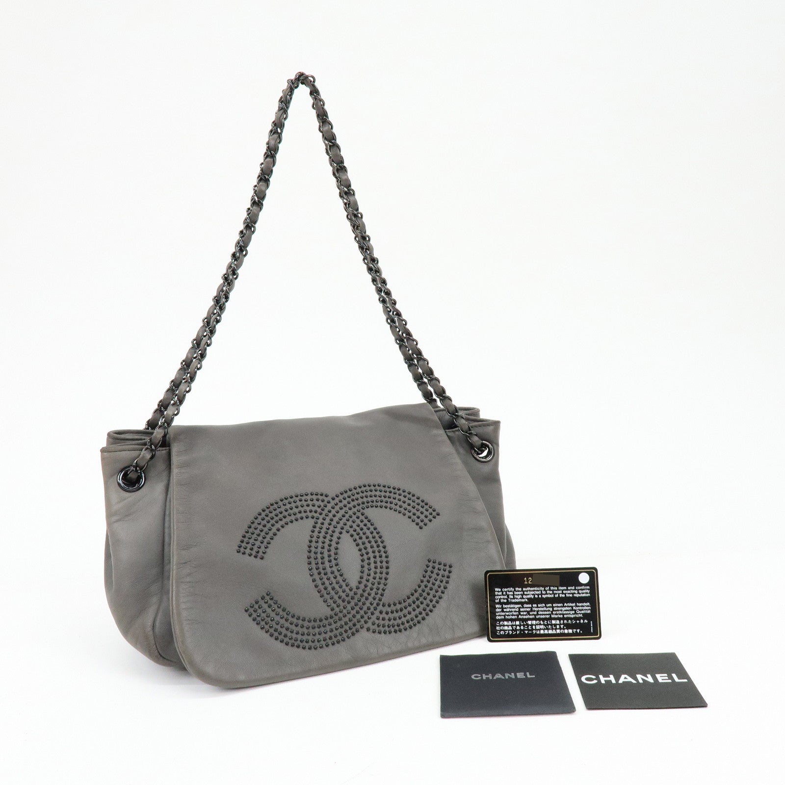 CHANEL COCO Mark Lamb Skin Chain Flap Shoulder Bag Gray