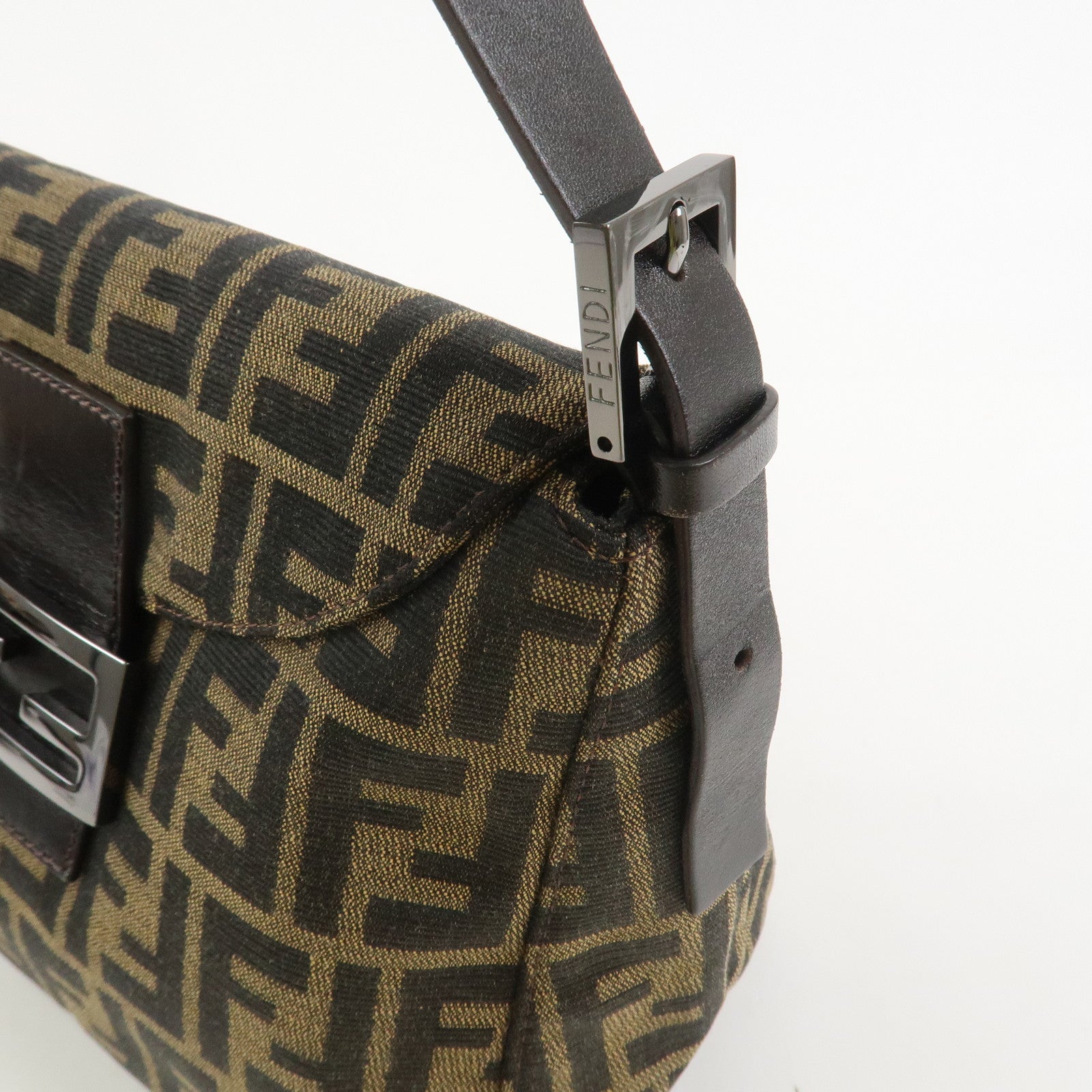 FENDI Mamma Baguette Zucca Leather Canvas Shoulder Bag Brown 8BR004