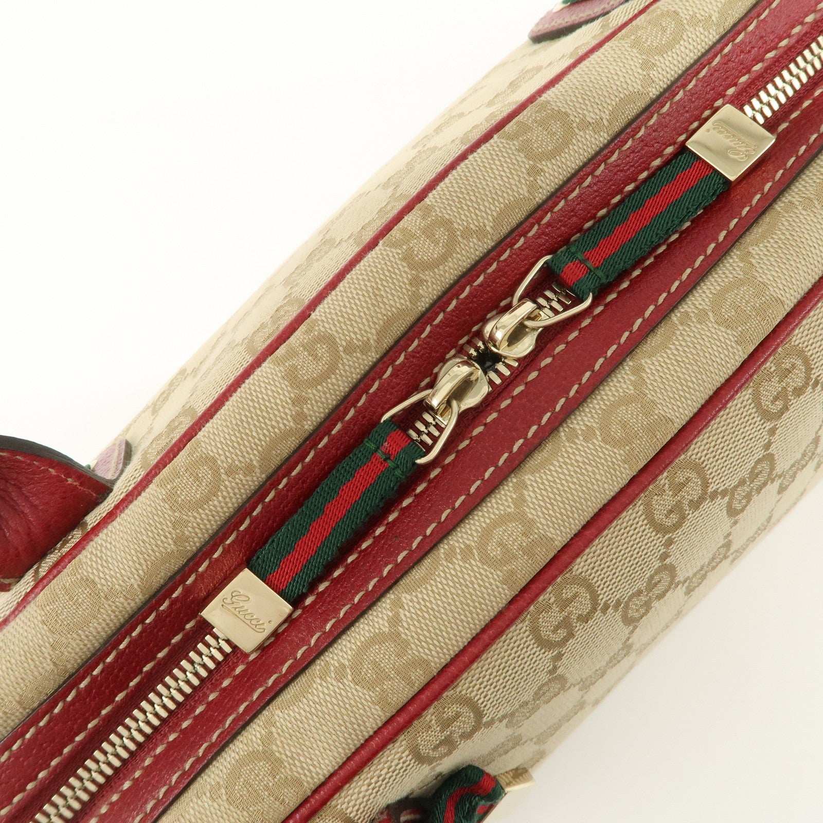 GUCCI Sherry Princy Leather GG Canvas Boston Bag Beige Red 161720