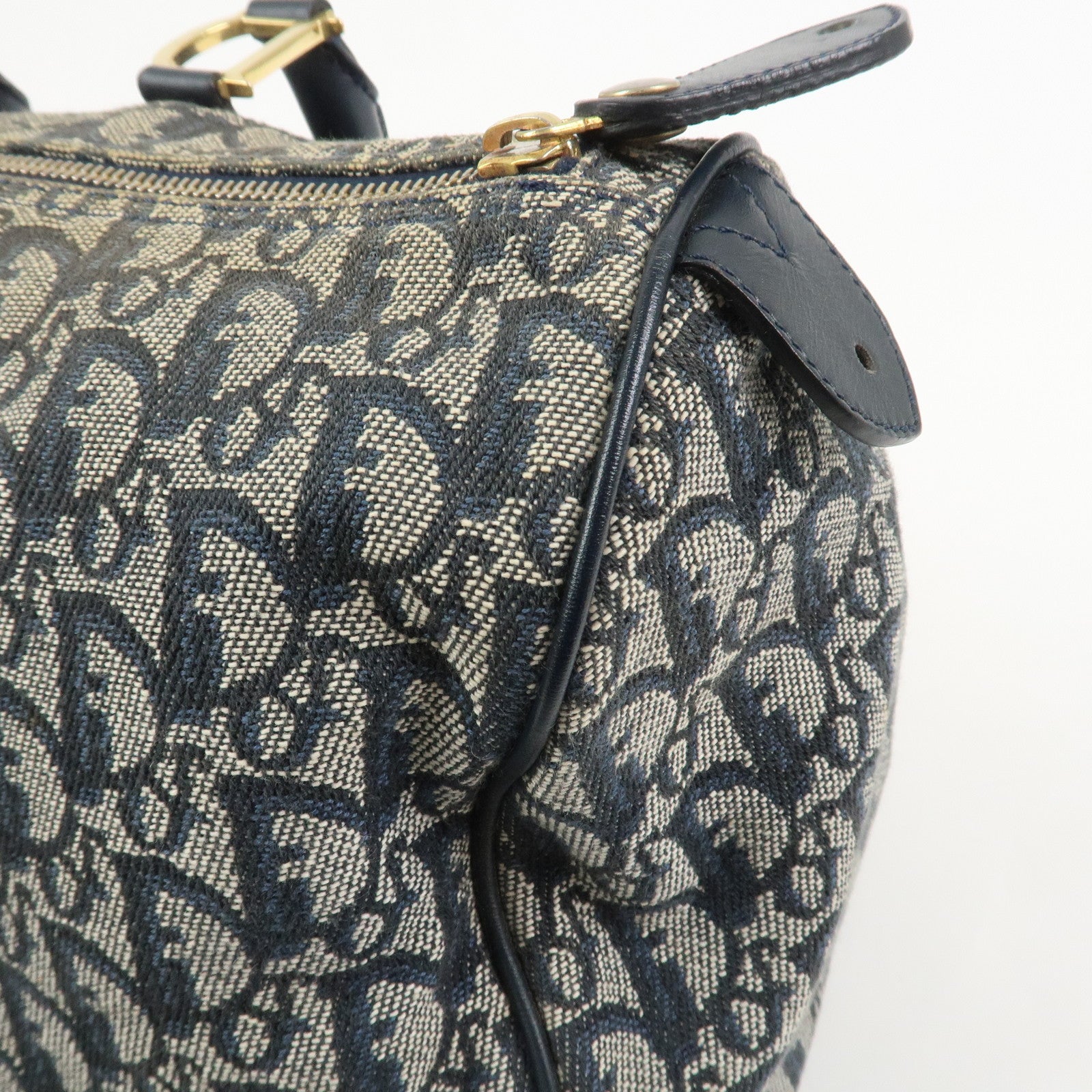 Christian Dior Trotter Jacquard Canvas Leather Boston Hand Bag Navy