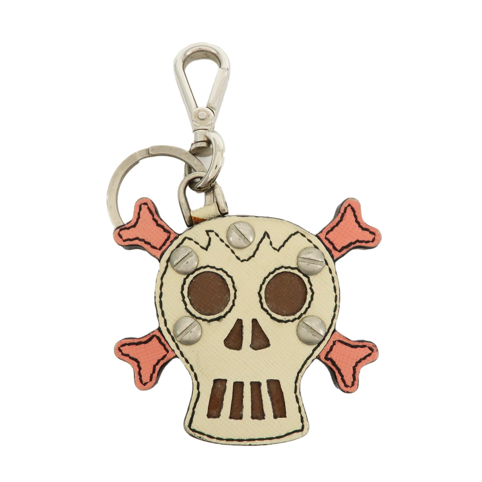PRADA Saffiano Leather Metal Skull Bag Key Charm Key Holder Ivory