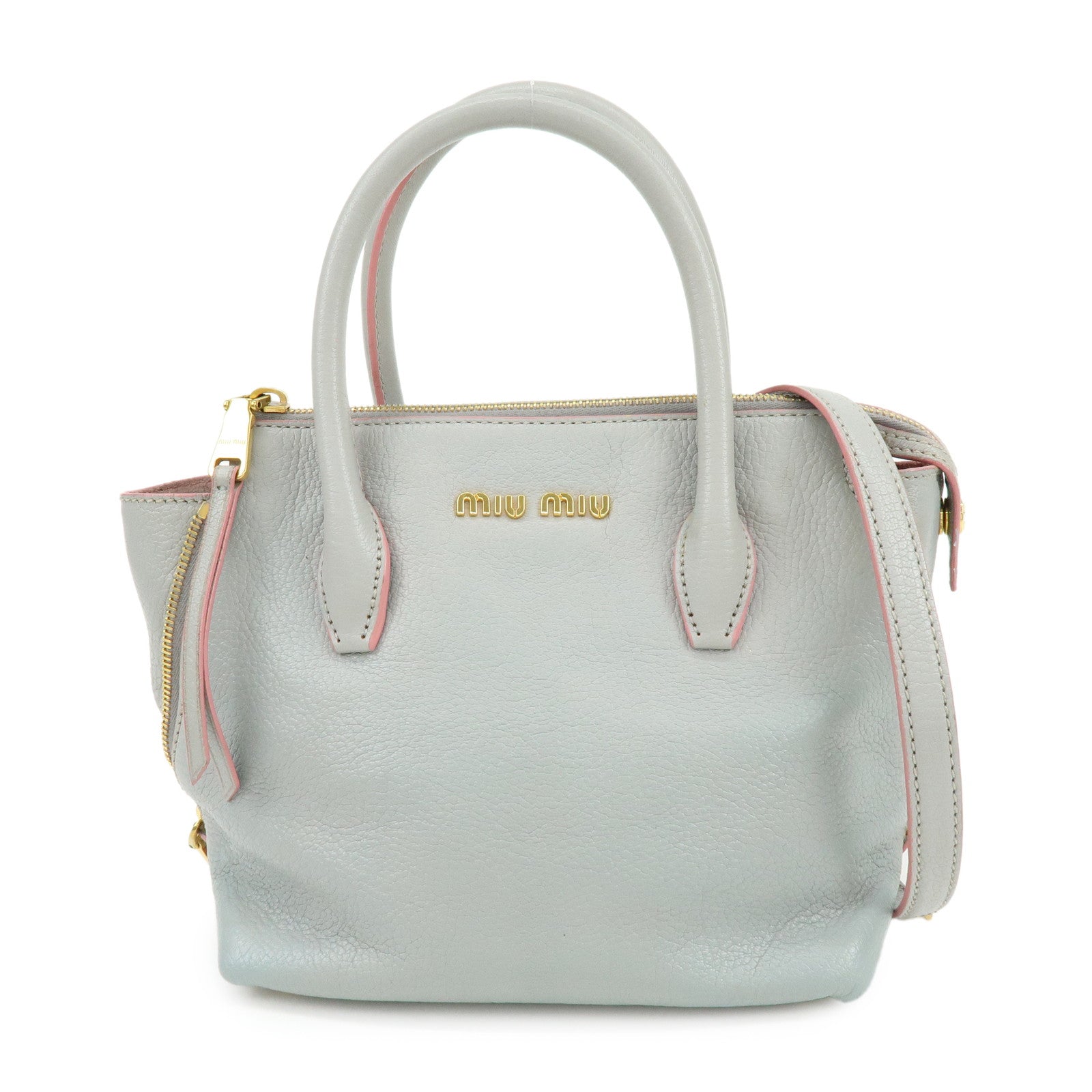 MIU MIU Madras Leather 2Way Bag Hand Bag Gray Pink 5BA003