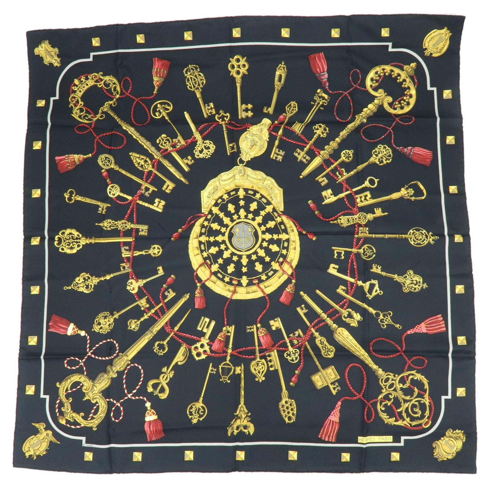 HERMES Carre 90 Silk 100% Scarf LES CLES THE KEYS RARE Black Gold