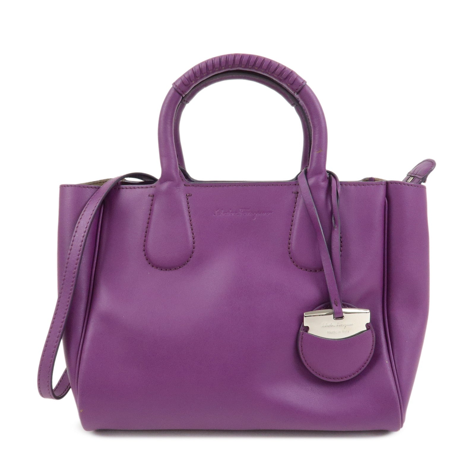 Ferragamo Leather 2Way Bag Hand Bag Shoulder Bag Tote Bag Purple