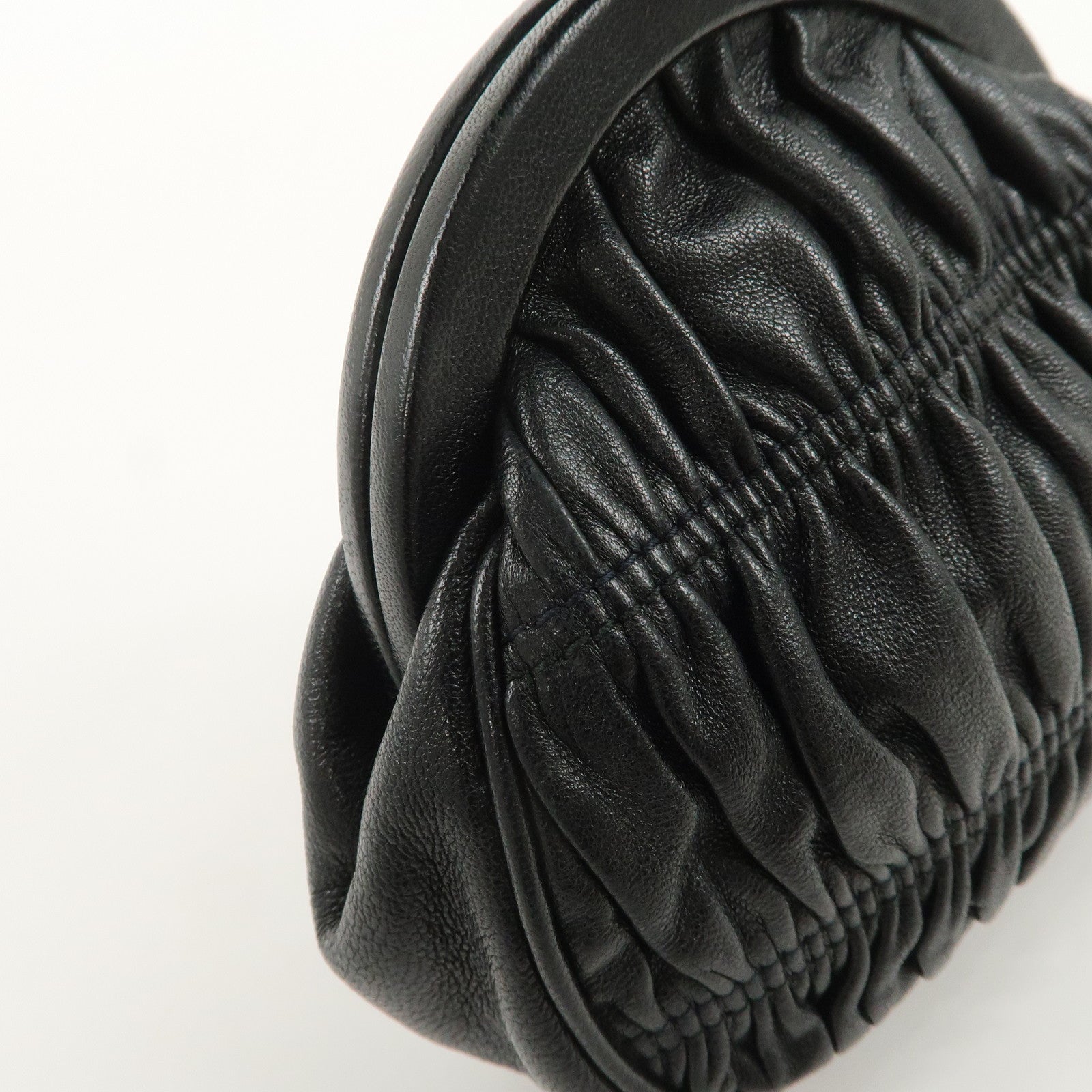 PRADA Logo Gathered Leather Pouch Compact Wallet Coin Case Black