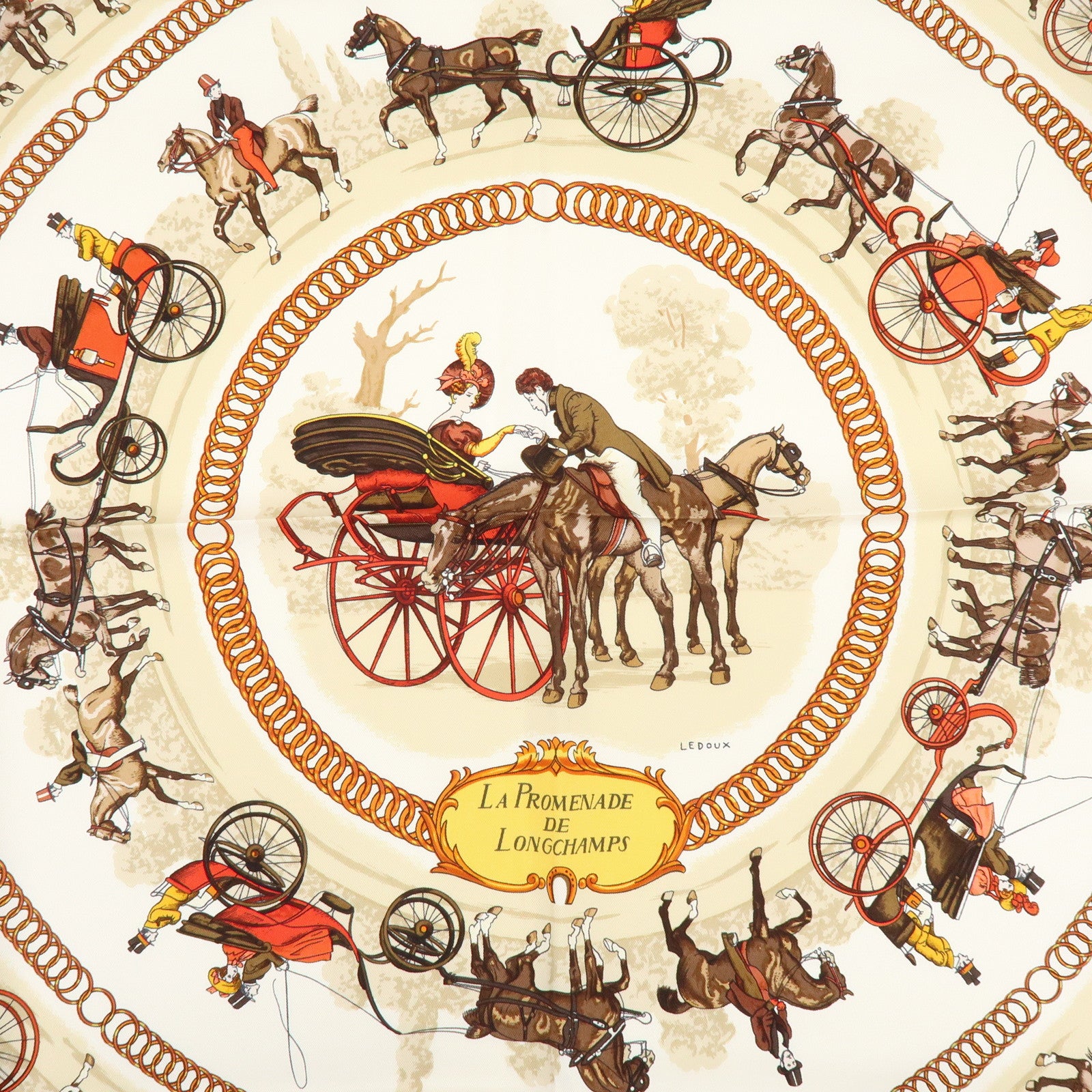 HERMES Carre 90 Silk 100% Scarf LA PROMENADE DE LONGCHAMPS Brown