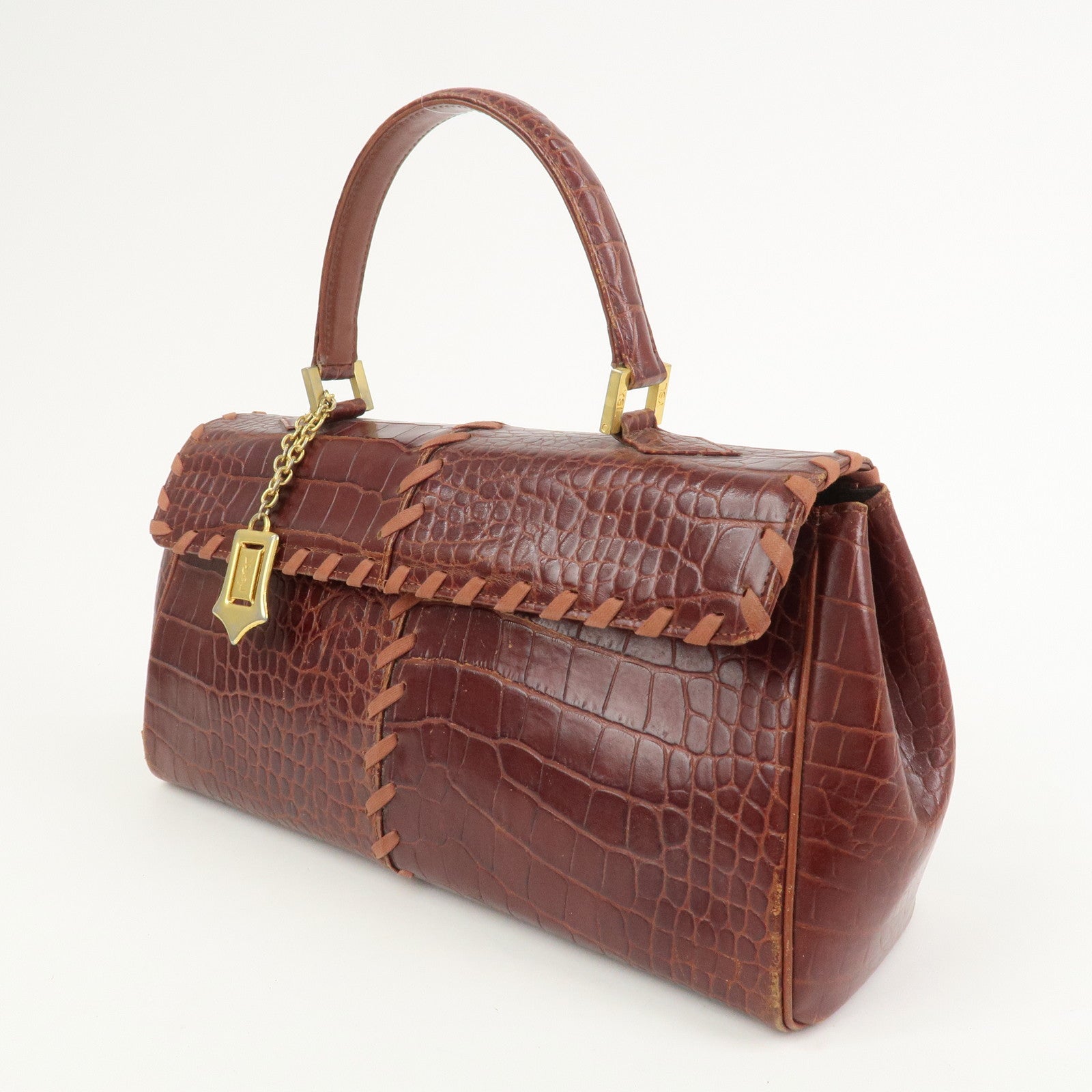 SAINT LAURENT PARIS Embossed Leather Hand Bag Red Brown