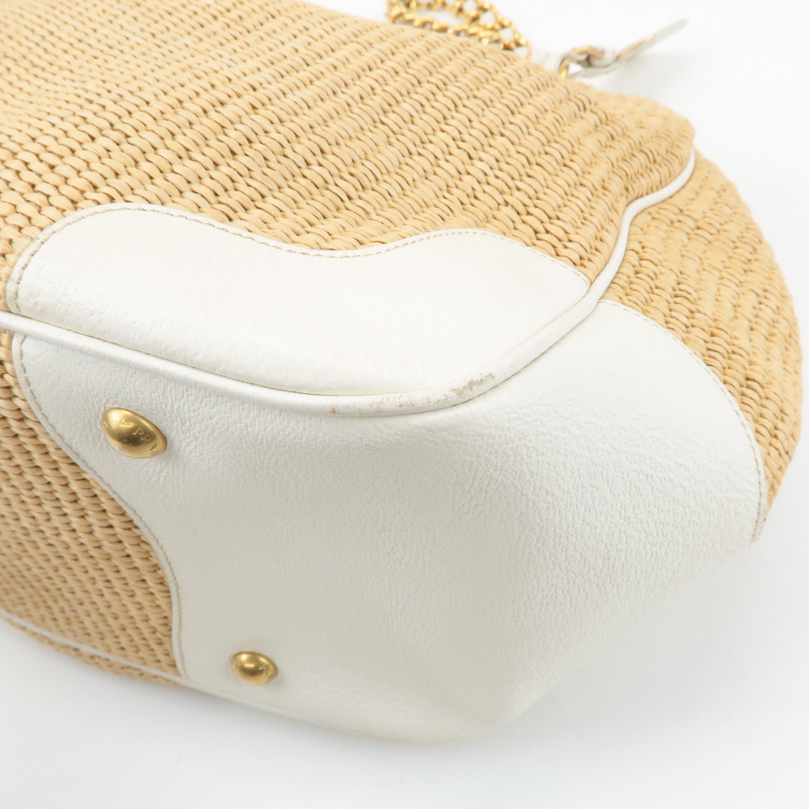 PRADA Triangle Leather Raffia Shoulder Bag Straw Bag Beige BR3693 Used