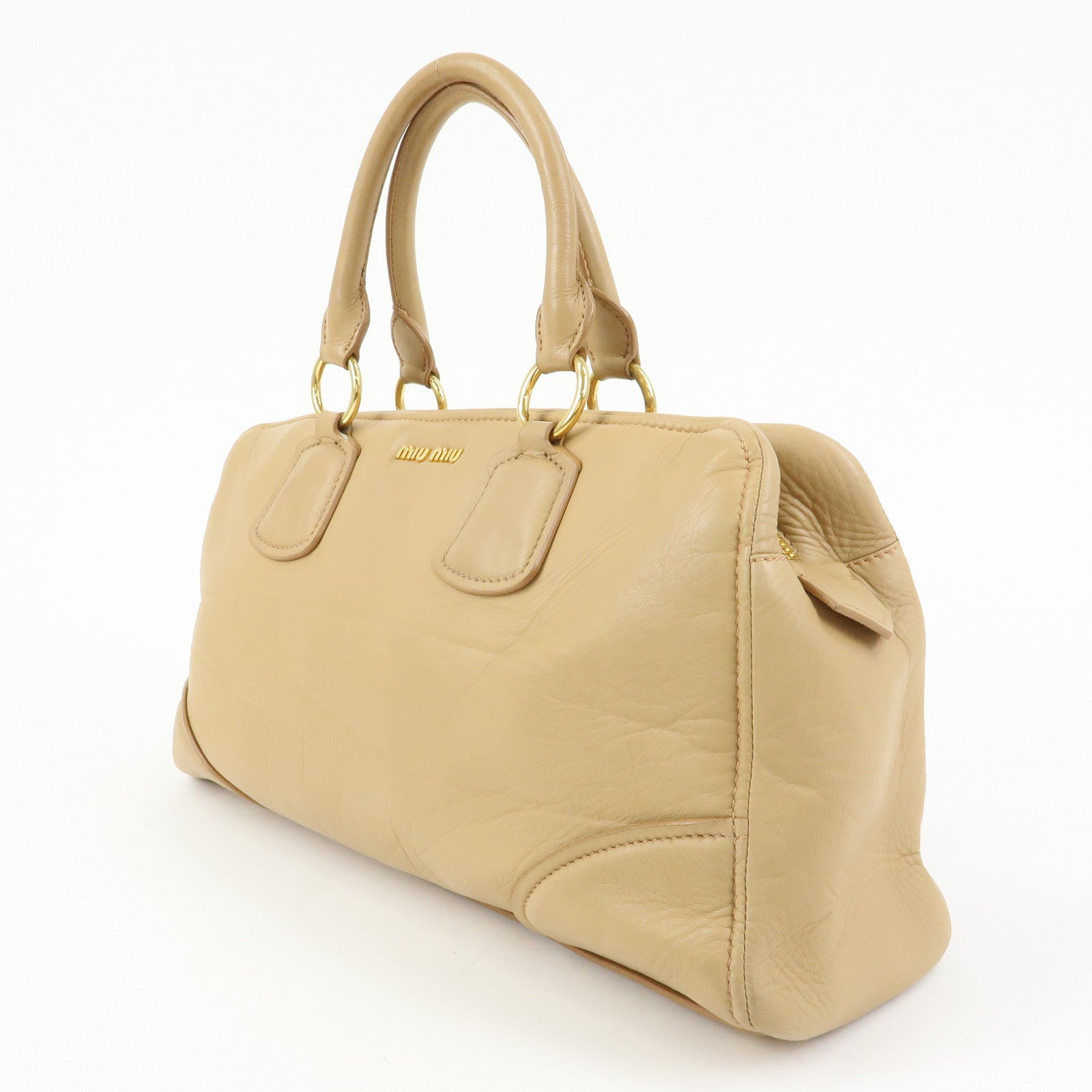 MIU MIU Logo Leather Hand Bag Boston Bag Beige