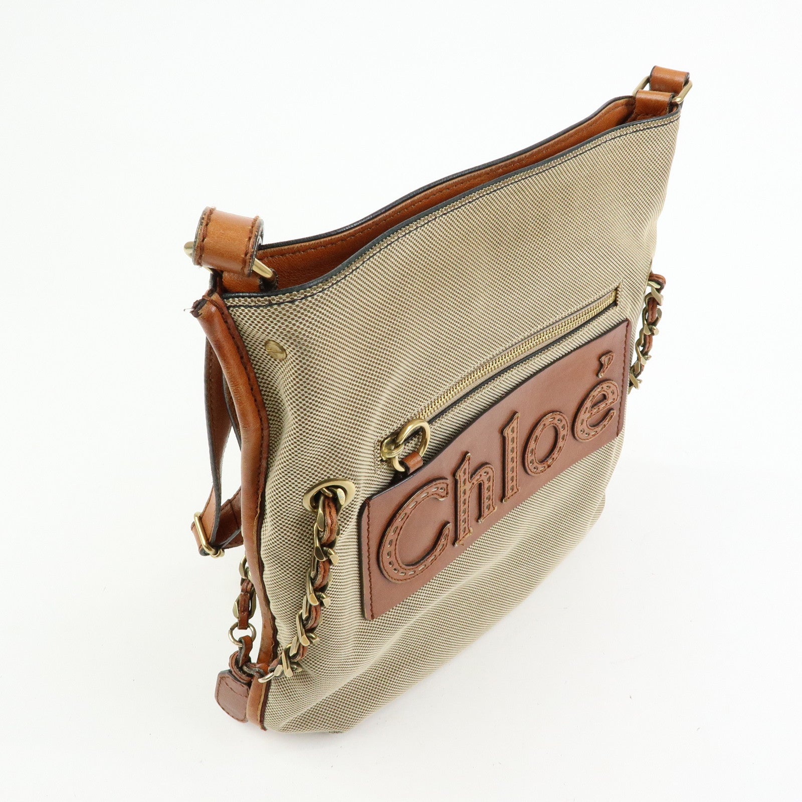 Chloe Harley Canvas Leather Shoulder Bag Crossbody Bag Beige Brown