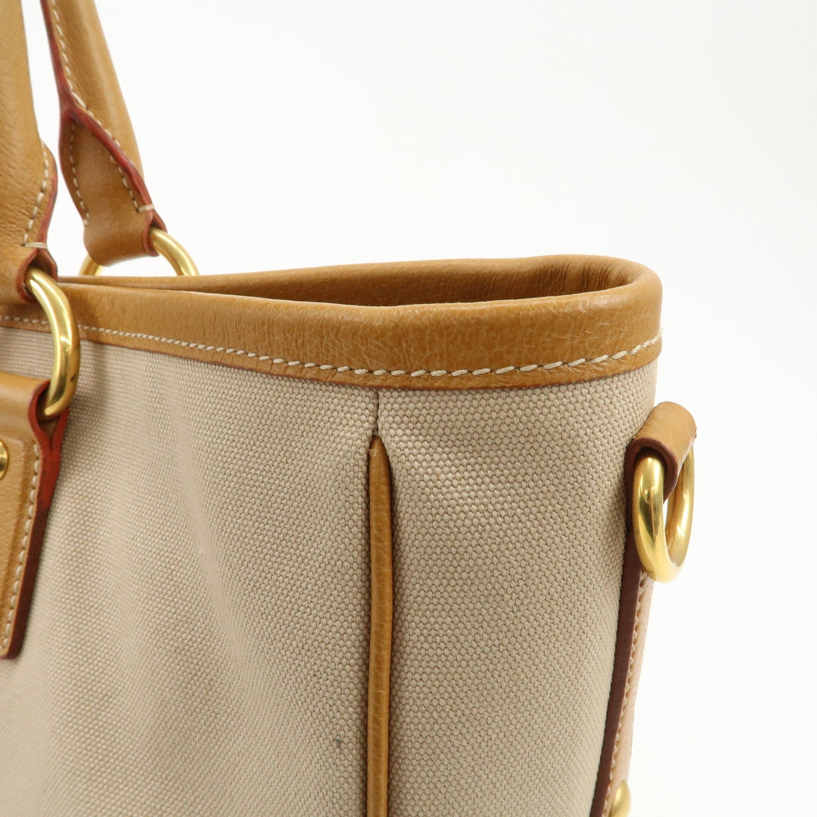 PRADA Triangle Logo Leather Canvas 2 Way Tote Bag Beige Brown