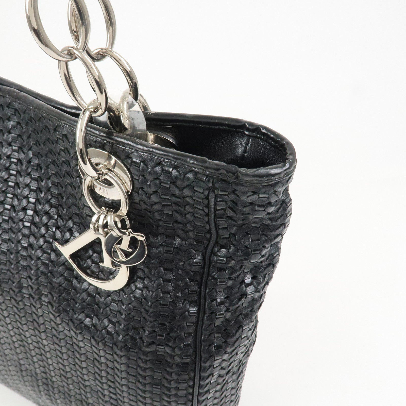 Christian Dior Woven Leather Logo Charm Chain Tote Bag Black