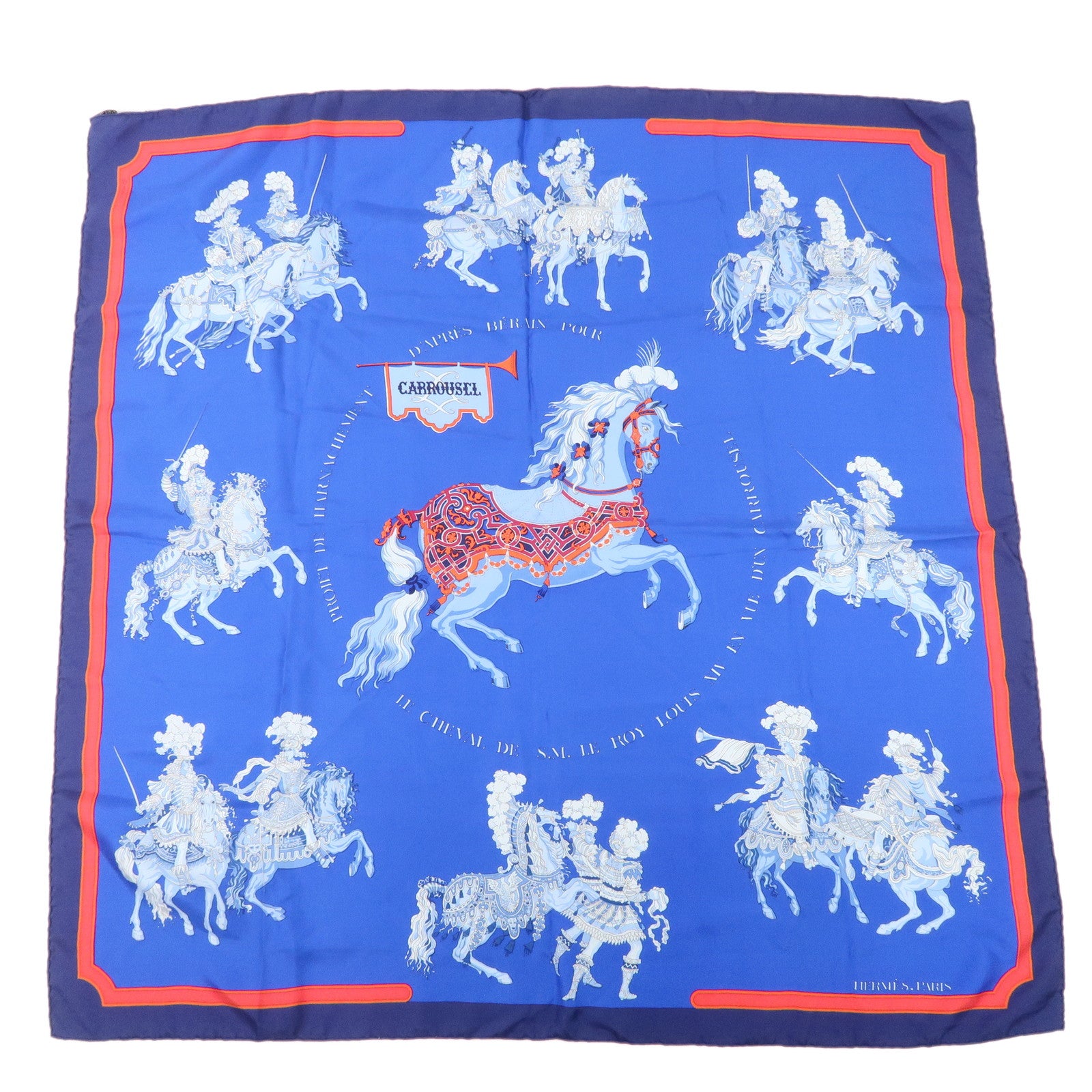 HERMES Carre 90 Silk 100% Scarf CARROUSEL Blue Red Used