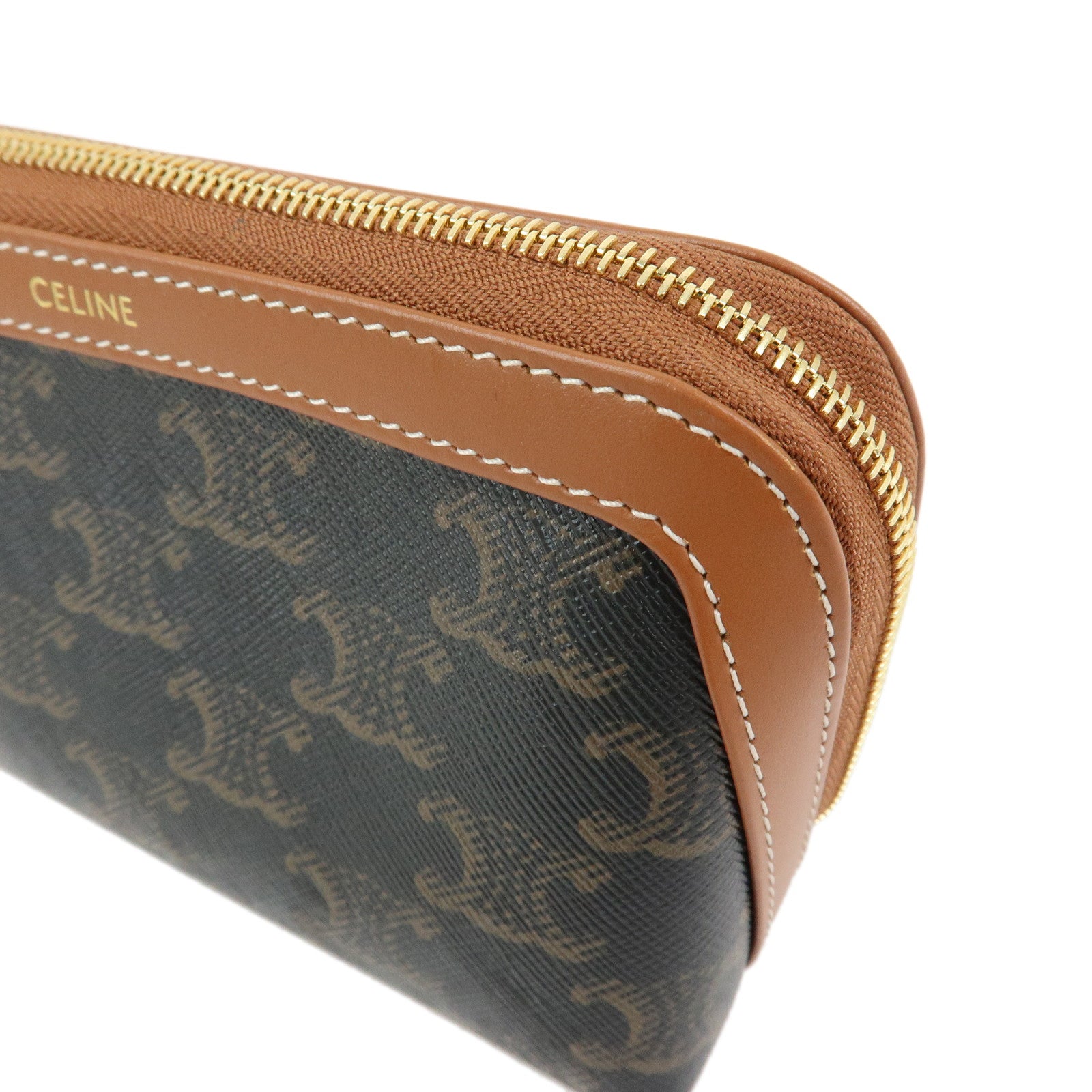 CELINE Triomphe PVC Calf Leather Cosmetic Pouch Tan Dark Brown